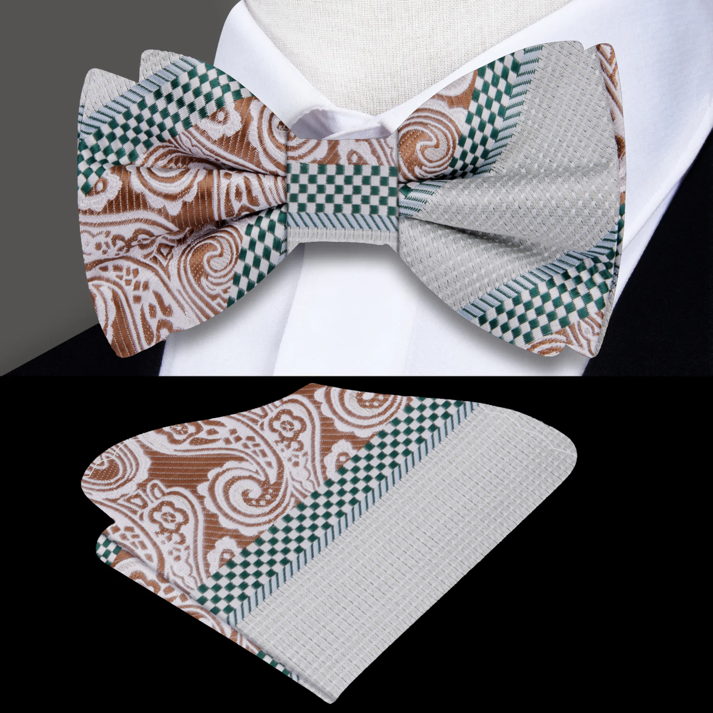 Self-tie bow tie showcasing intricate geometric and paisley patterns for special occasions