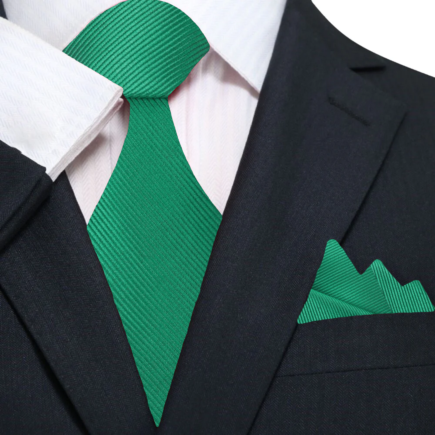 Silk necktie and handkerchief set in classic black, suitable for formal events.