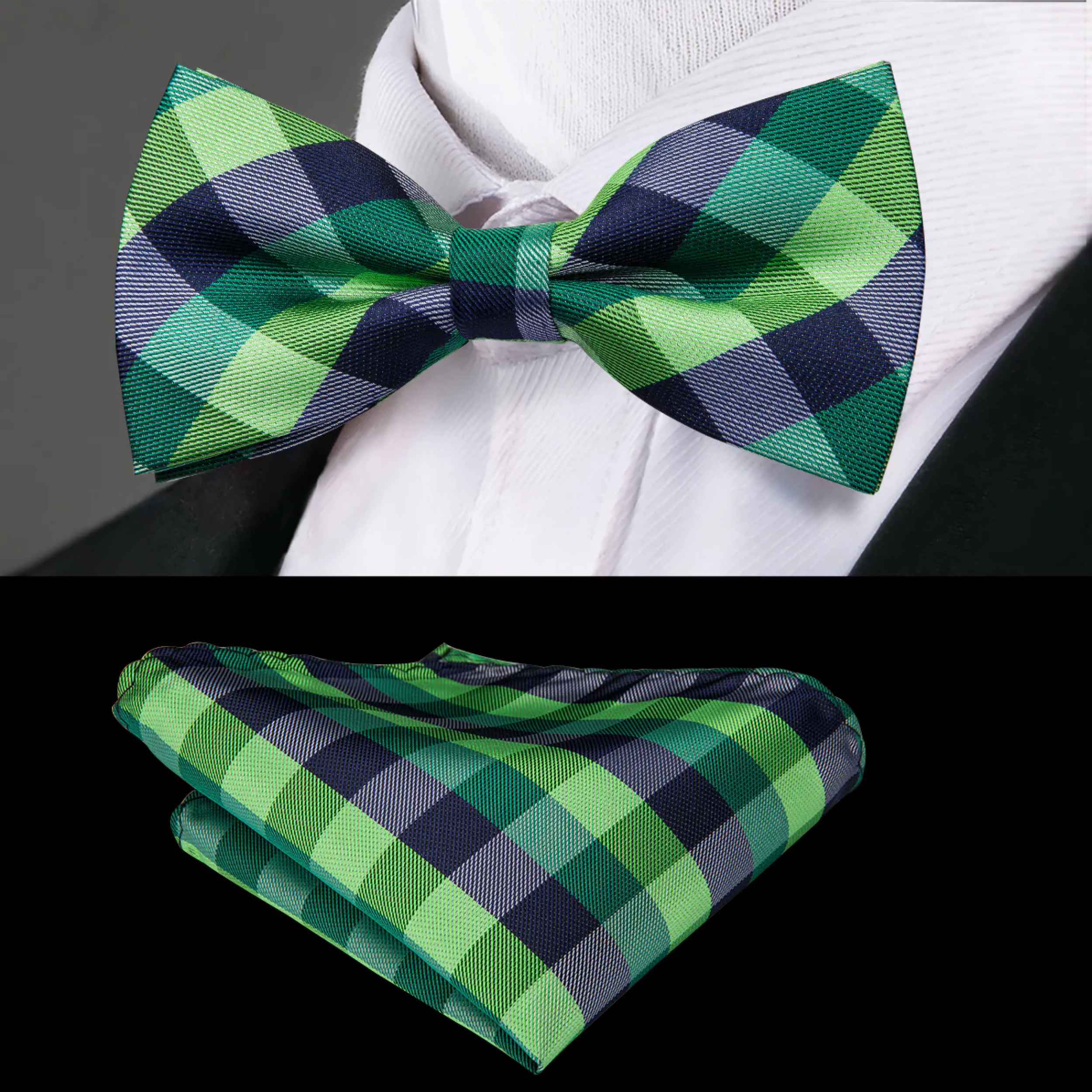 Dapper green plaid self-tie bow tie displayed with a matching pocket square in a stylish setting.