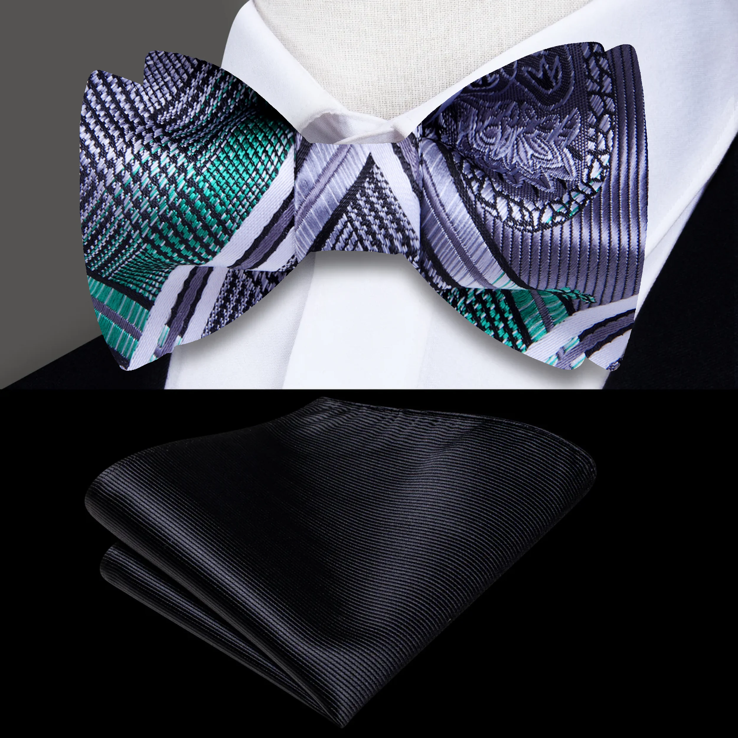 Close-up of a paisley silk bow tie with vibrant colors, perfect for weddings