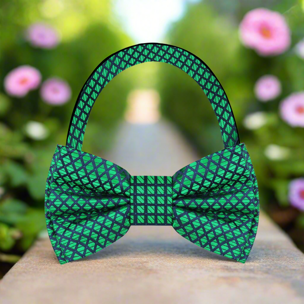 Detail shot of the silk bow tie’s small check pattern and textured fabric
