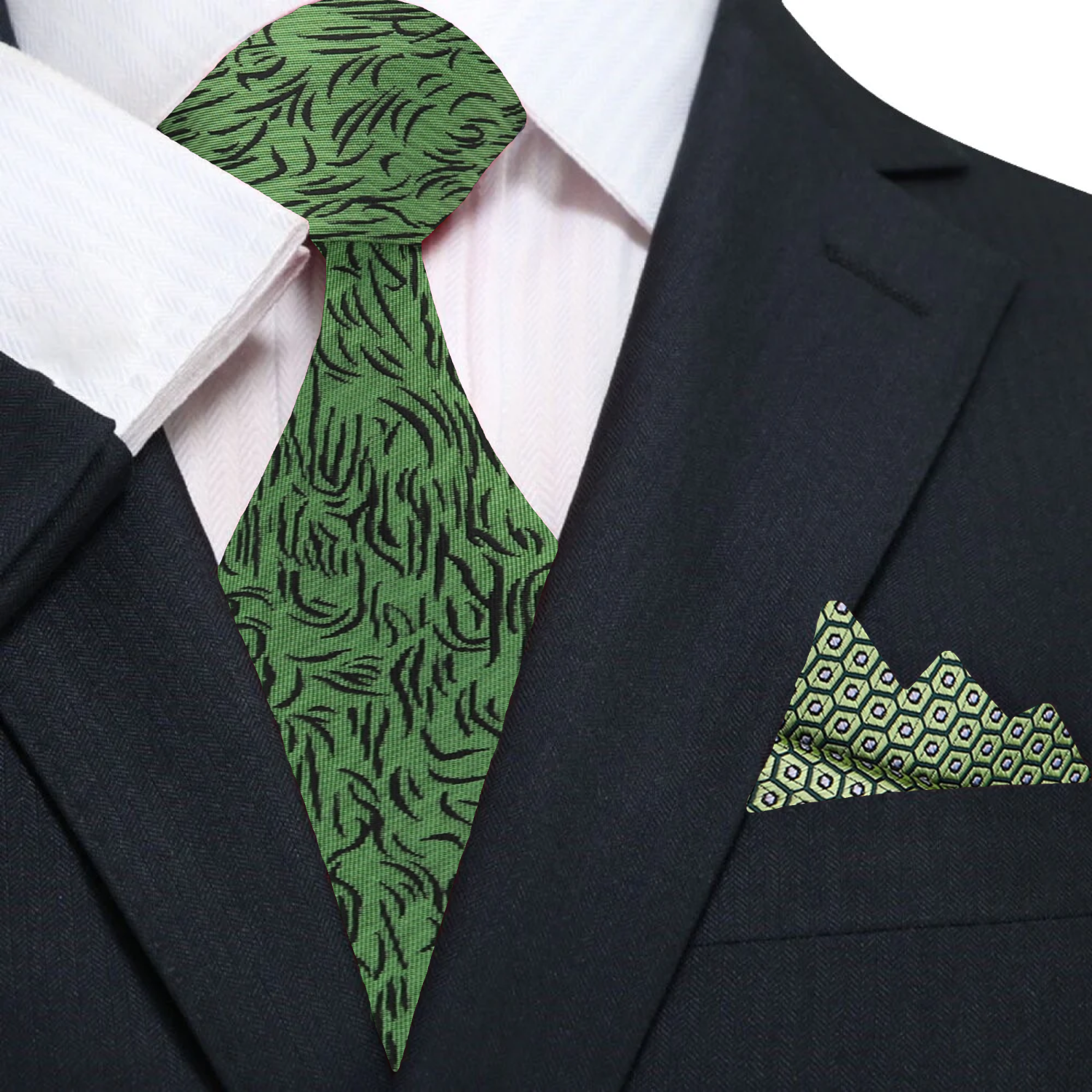 Close-up of green silk necktie with black abstract lines, showcasing the pattern and fabric texture