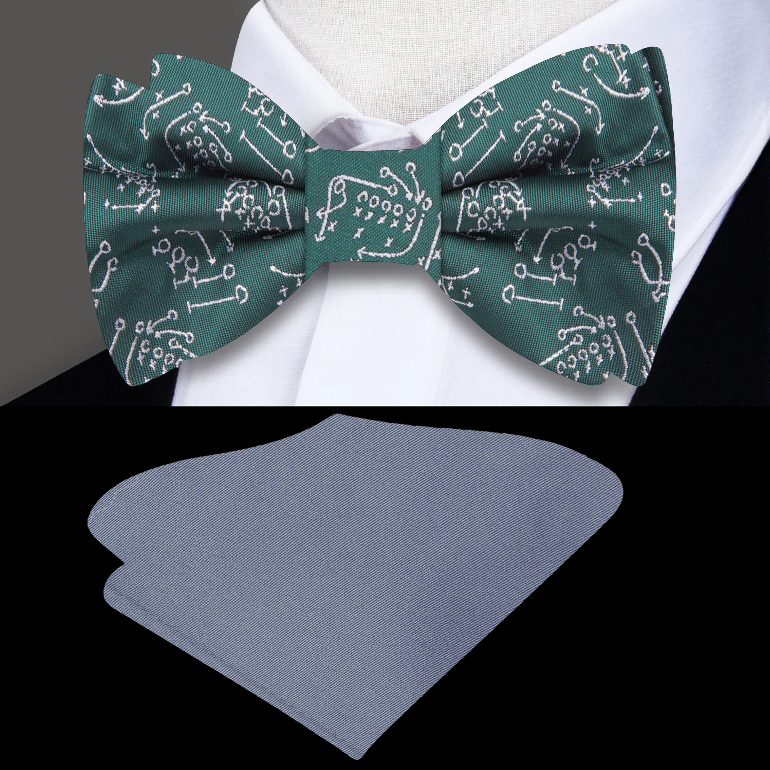 Close-up of football plays pattern silk bow tie in green and grey for stylish sports events