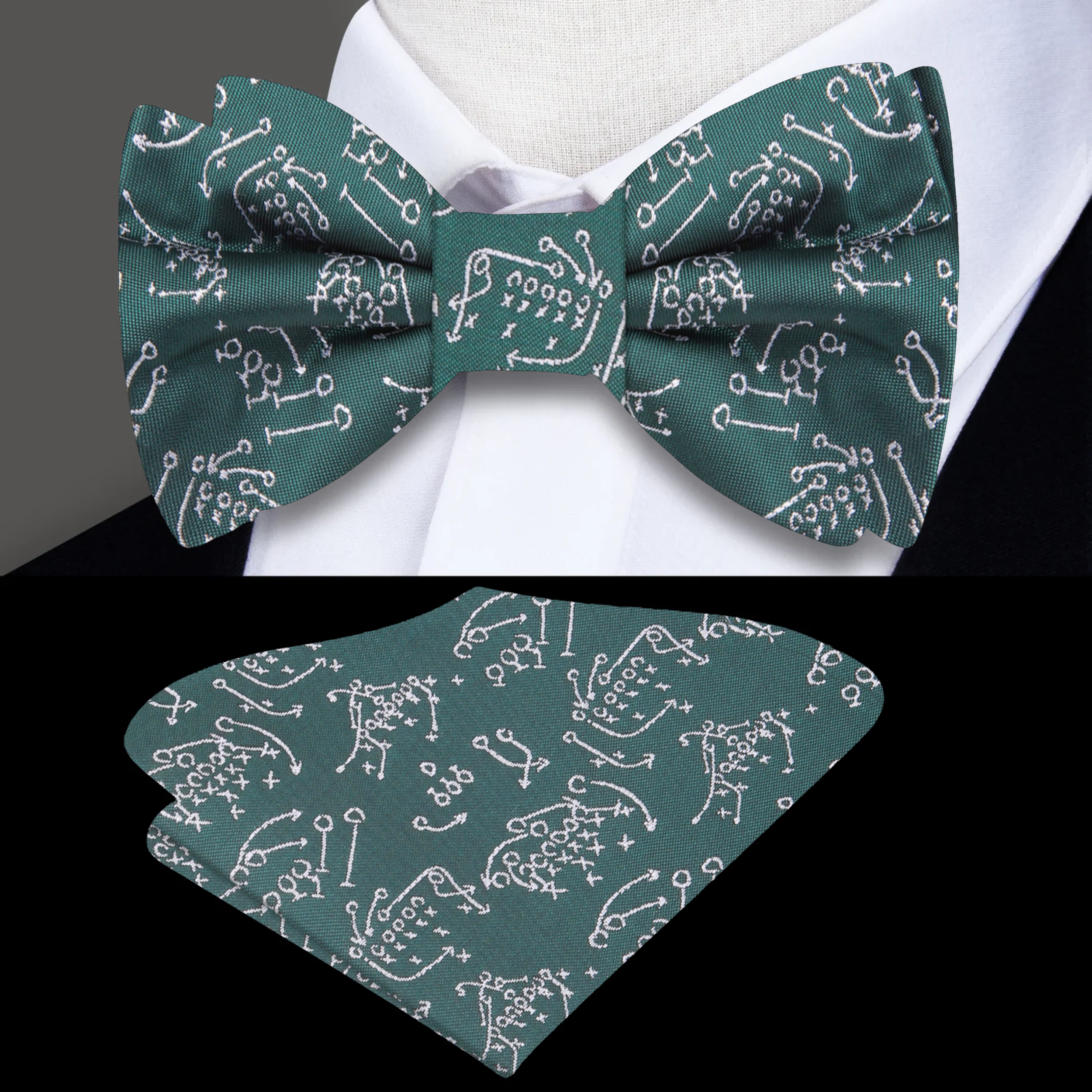 Man wearing a football-themed silk bow tie with a white dress shirt at a game day party