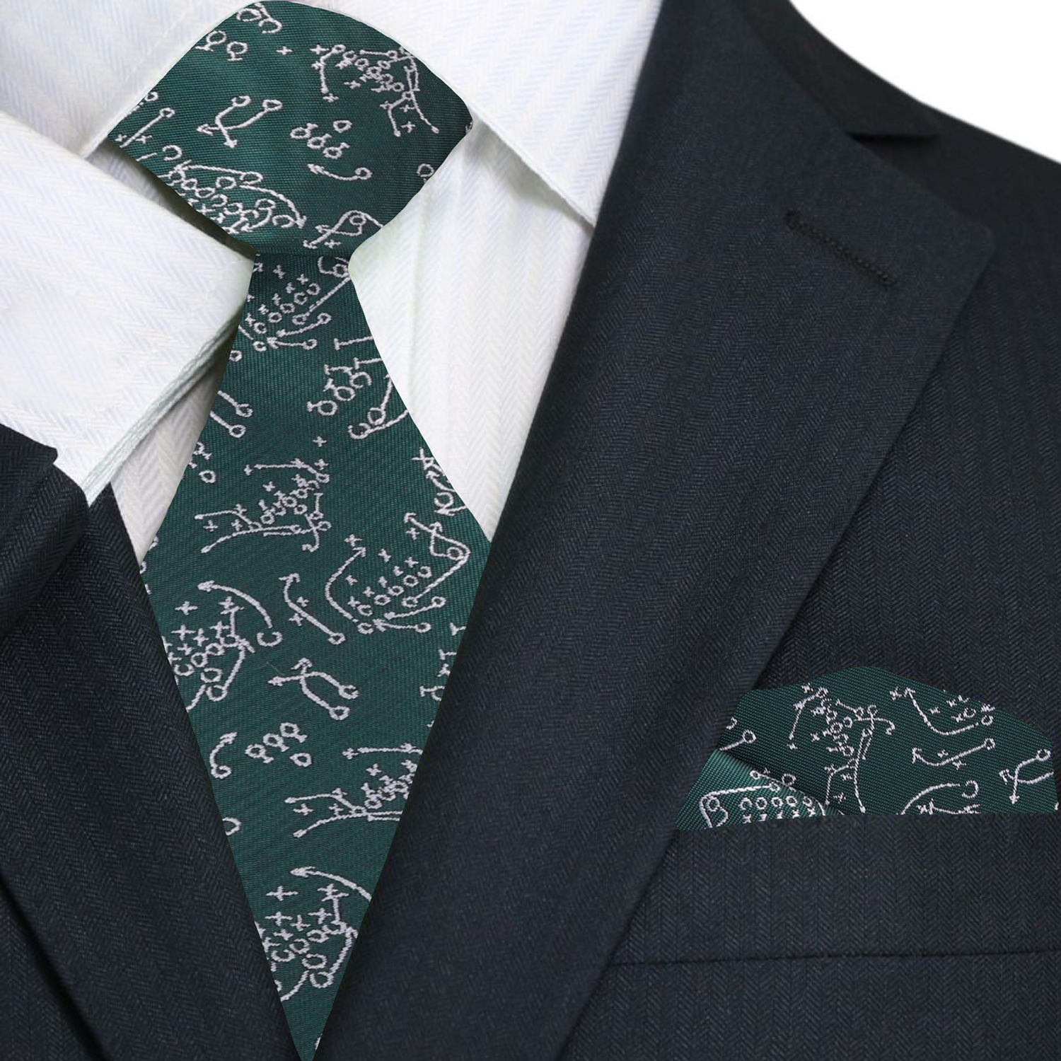 Man wearing a sports tie with a football pattern paired with a white shirt and grey suit