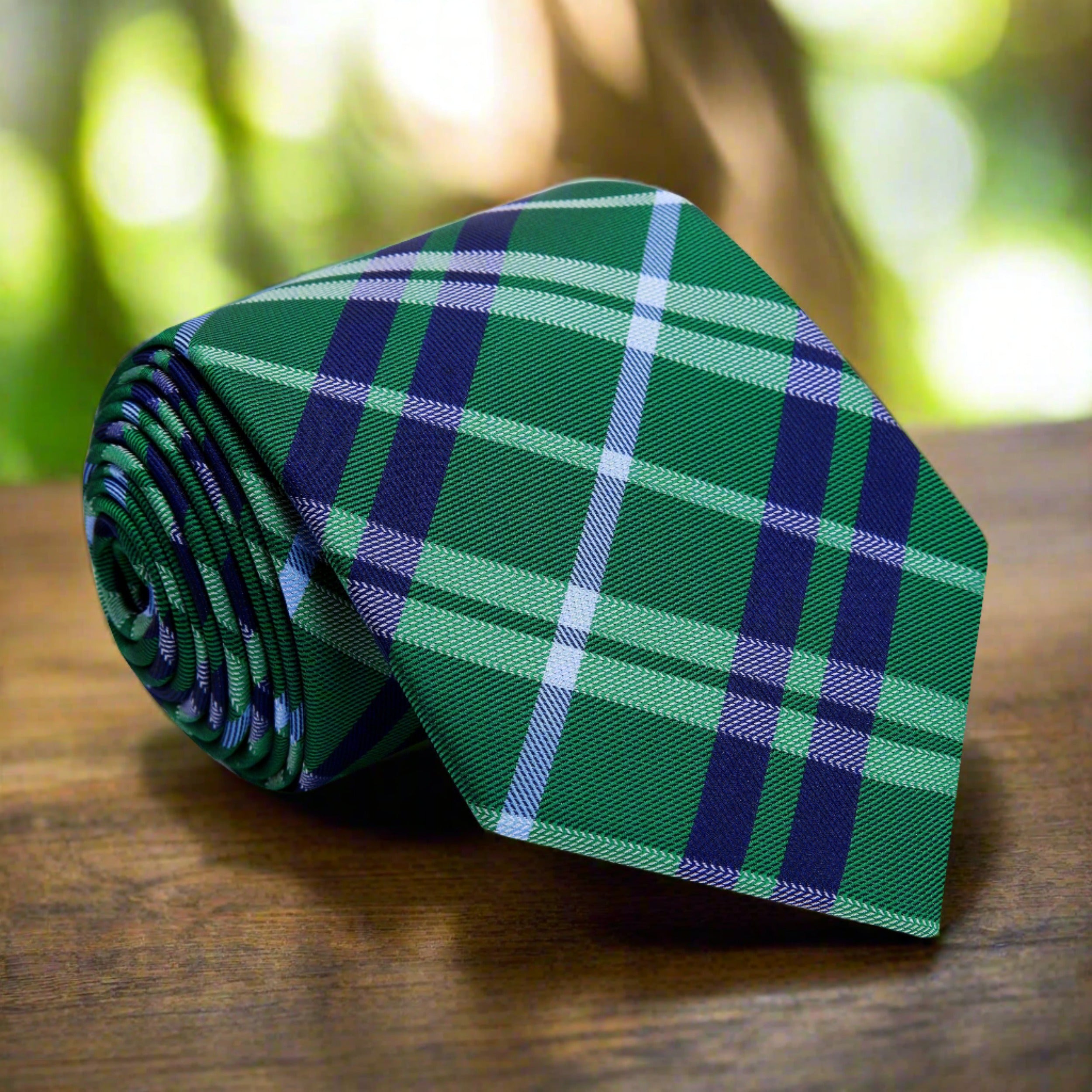 Elegant green plaid silk necktie showcased with a classic white shirt for weddings