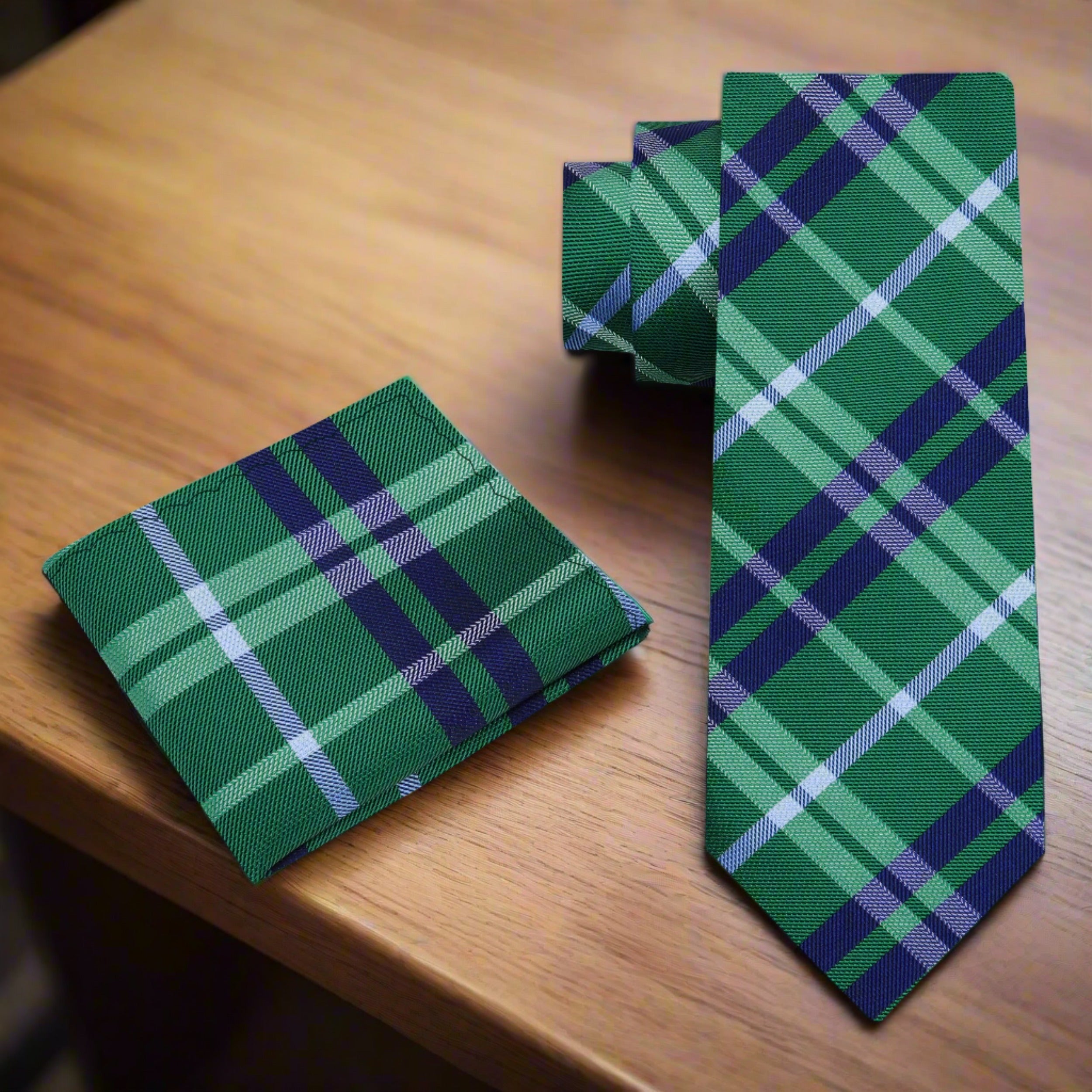 Styled image of a man wearing a green plaid silk tie with a navy suit for a wedding