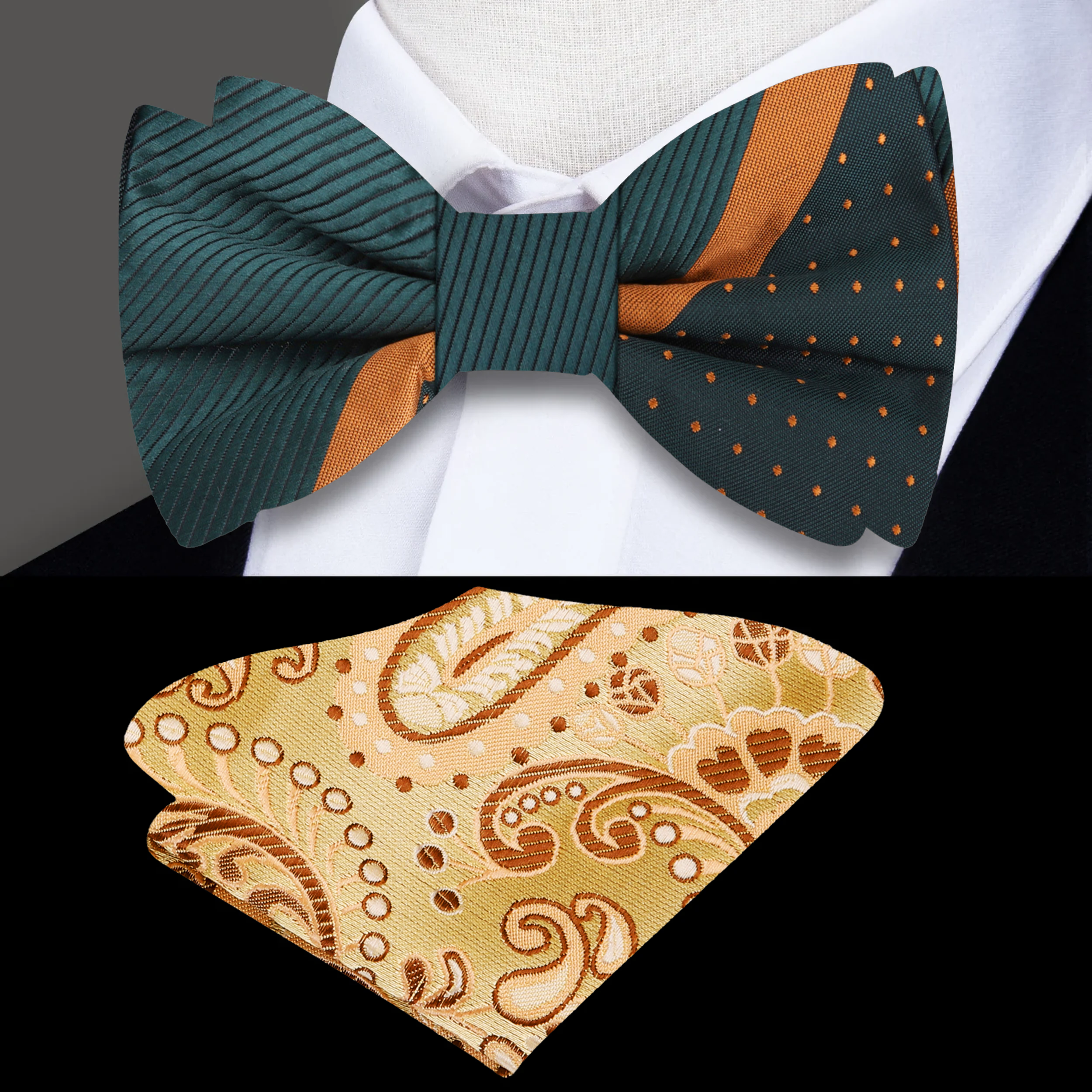 Deep green silk bow tie with gold stripe on a wooden table