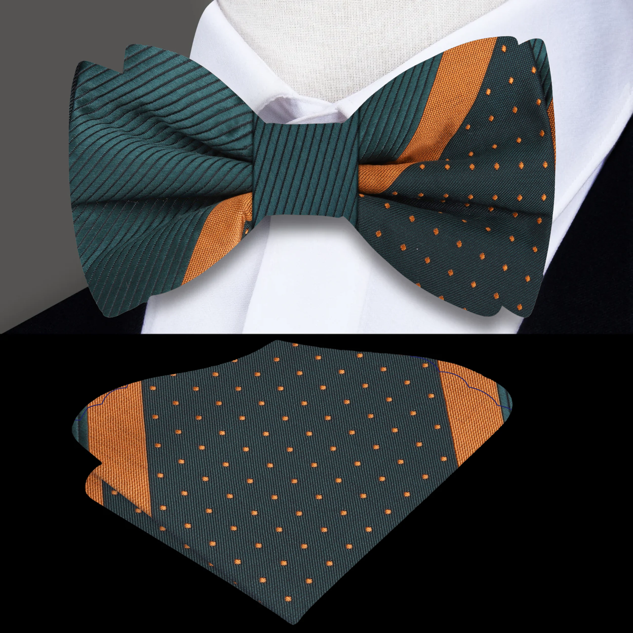 Close-up of deep green silk bow tie draped over a formal suit