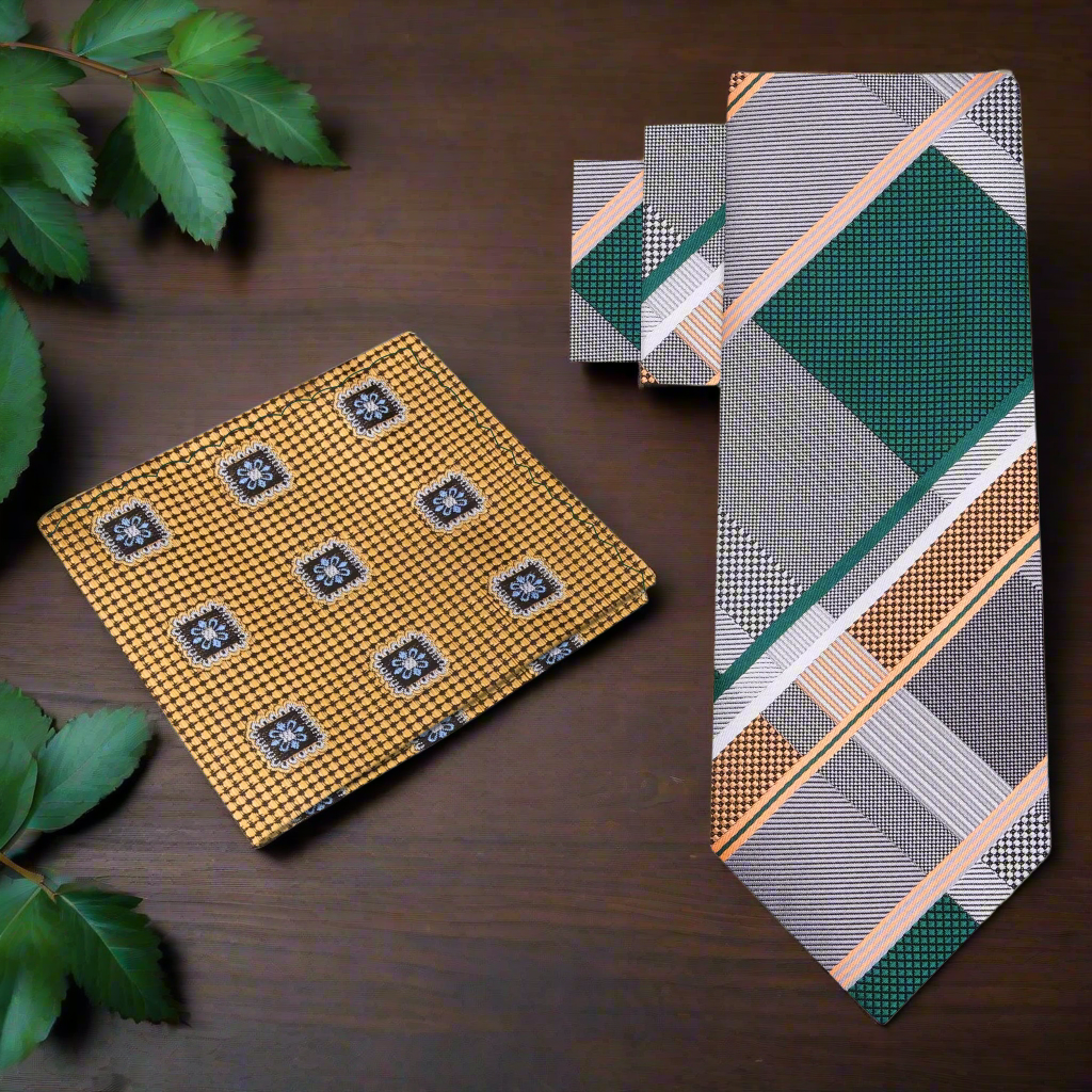 Elegant grey plaid silk necktie displayed on a wooden table, showcasing its refined pattern and silk texture.