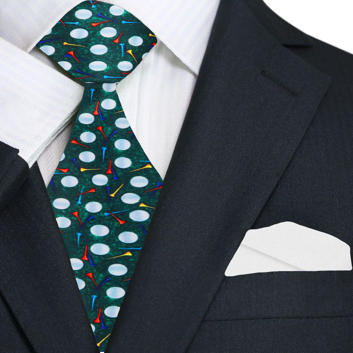 Model wearing the fun golf tie paired with a white dress shirt and navy suit