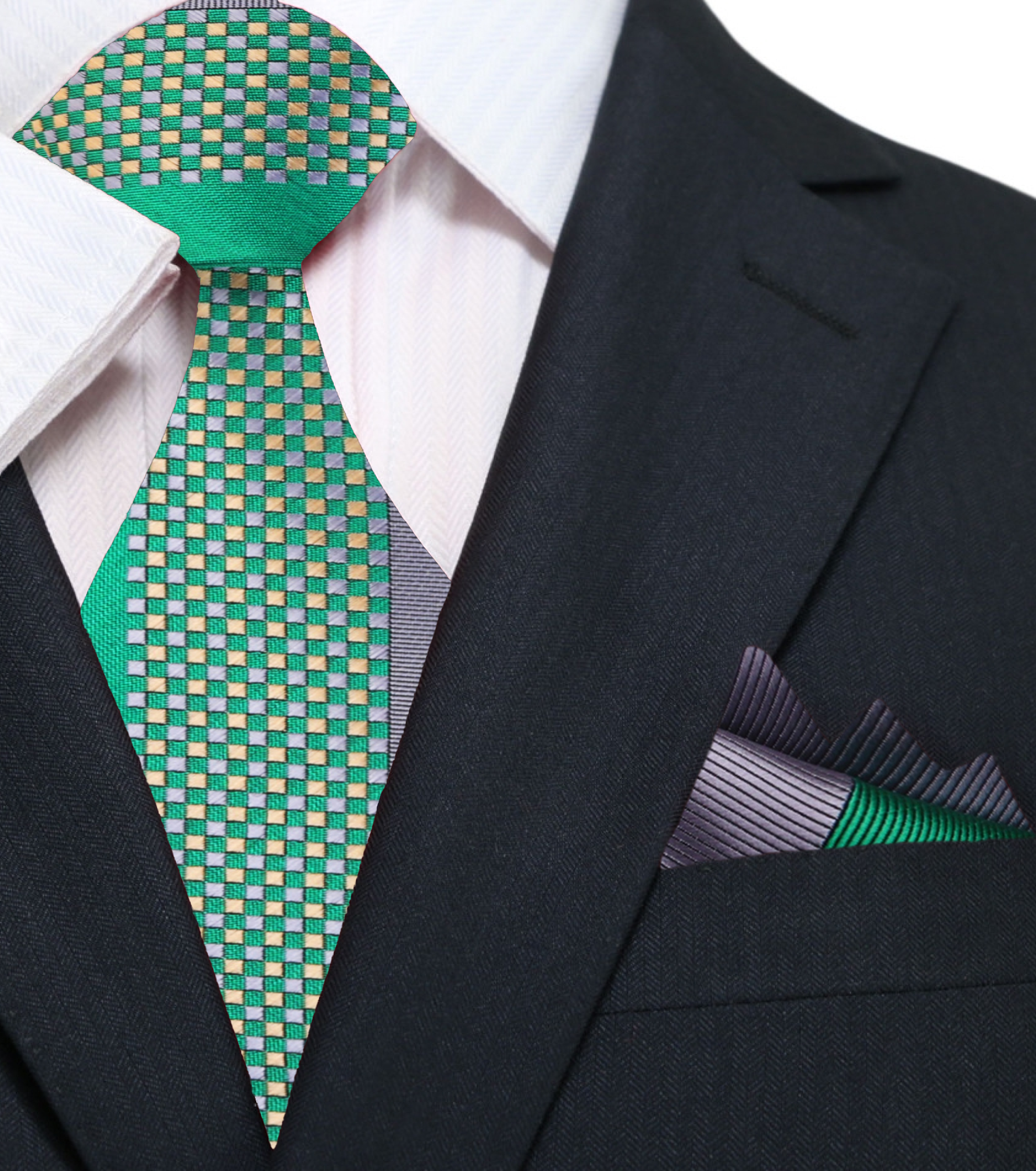 A model wearing the grey and green checkered necktie with a charcoal suit, perfect for business meetings.