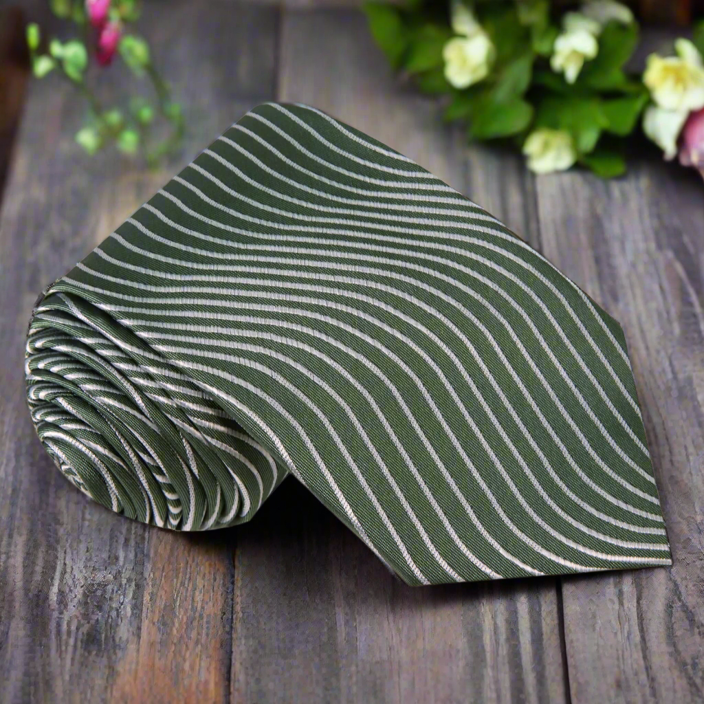 Elegant olive green silk necktie featured on a light grey dress shirt.