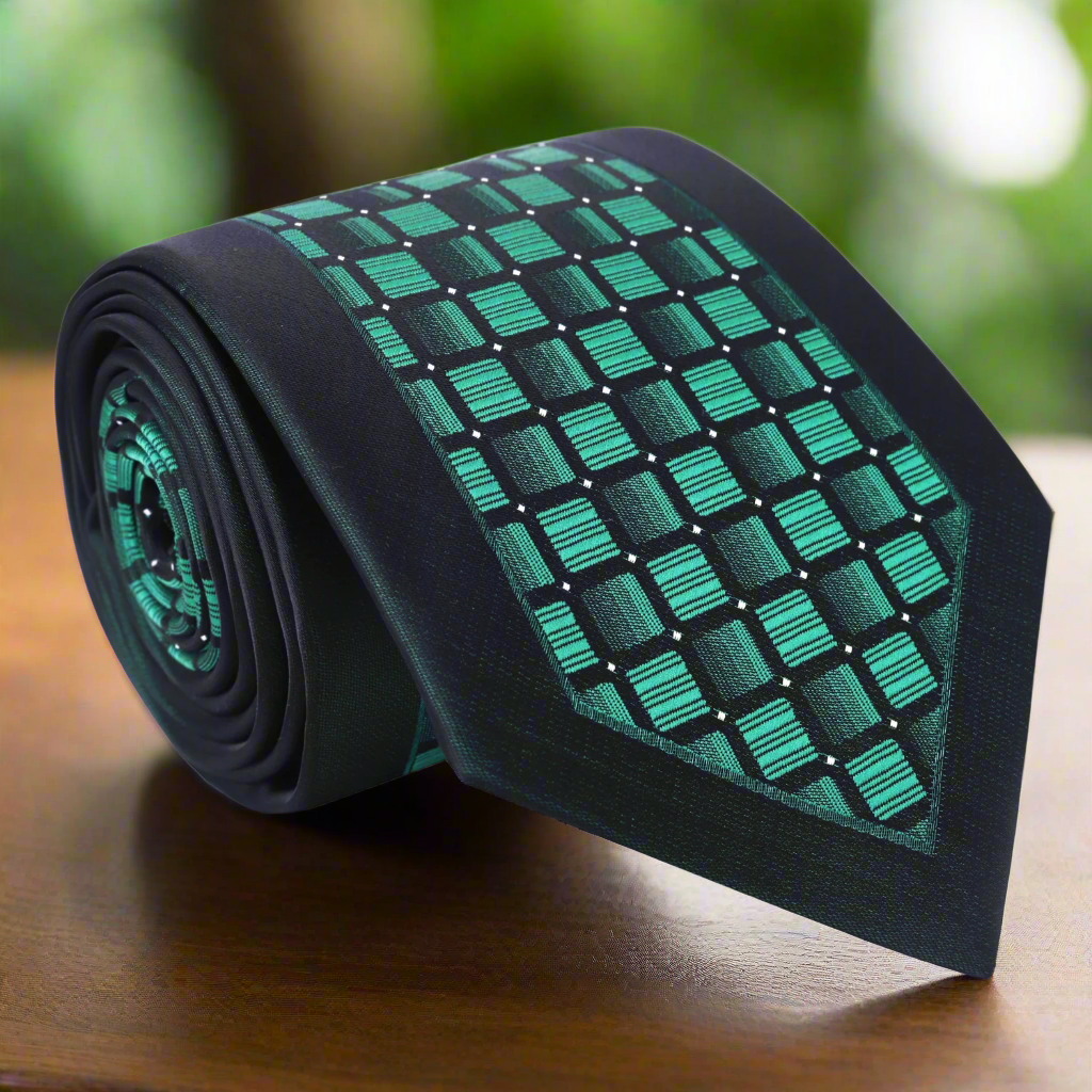 Close-up of the green silk tie showcasing the honeycomb geometric design, ideal for formal wear.