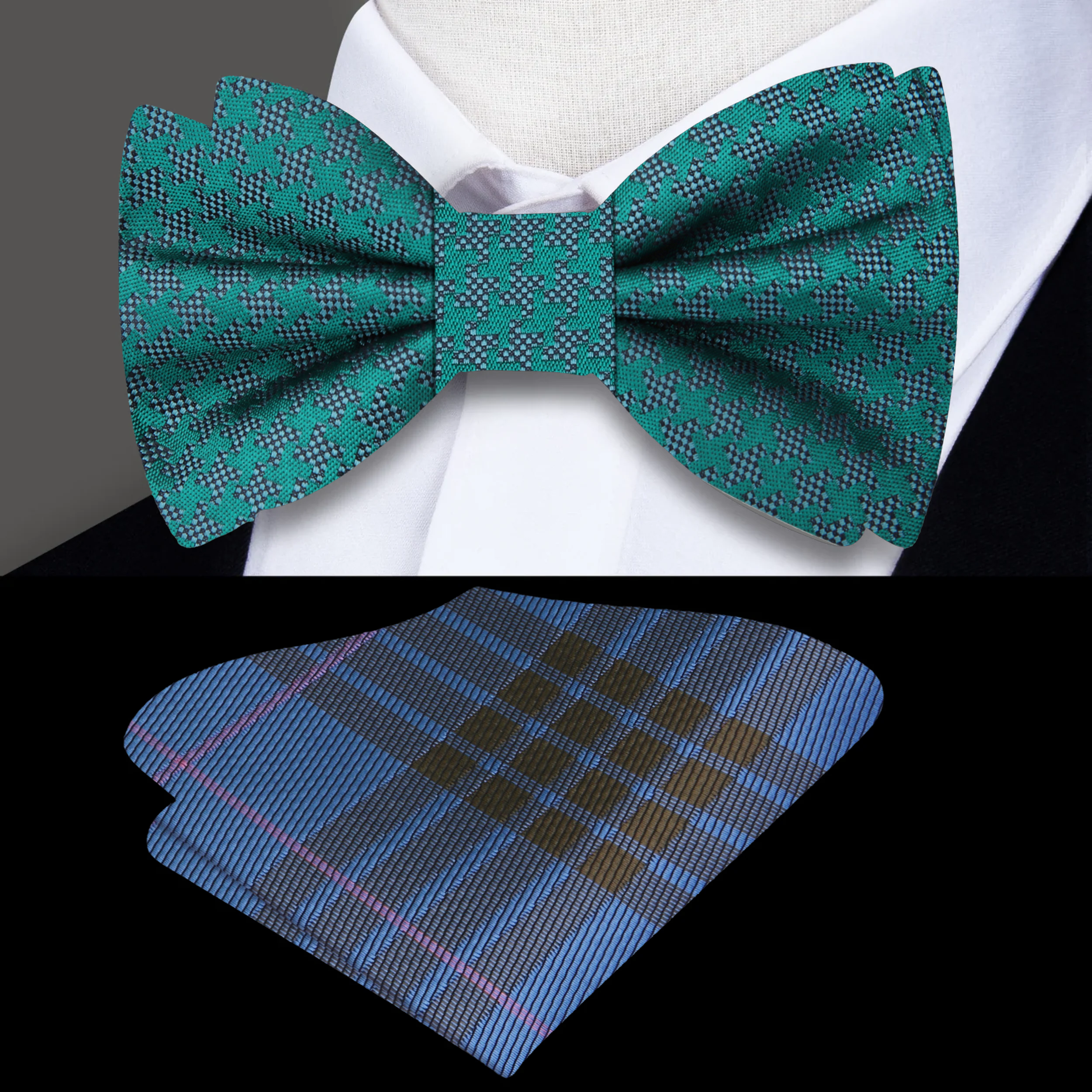 Elegant houndstooth bow tie showcasing a rich green and blue pattern, ideal for weddings.