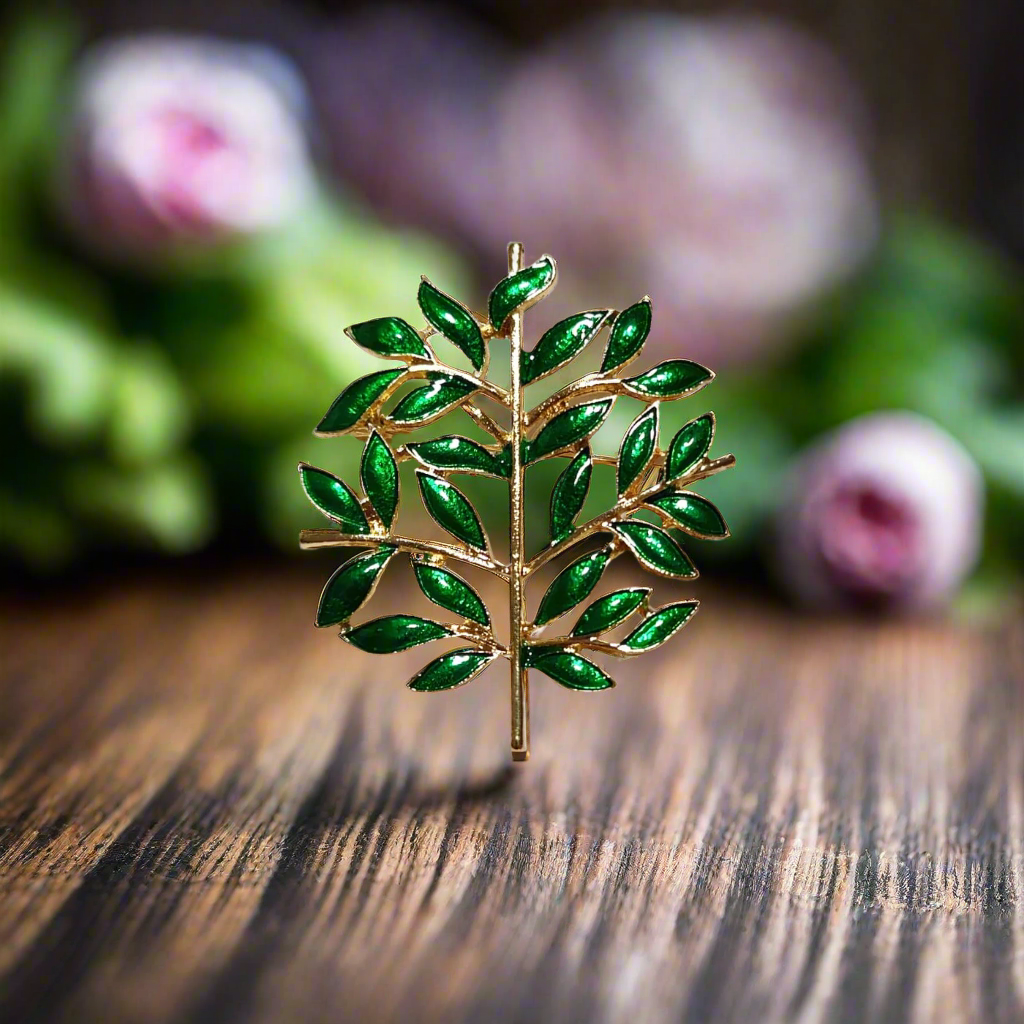 Close-up of olive leaves lapel pin on a tuxedo for formal events
