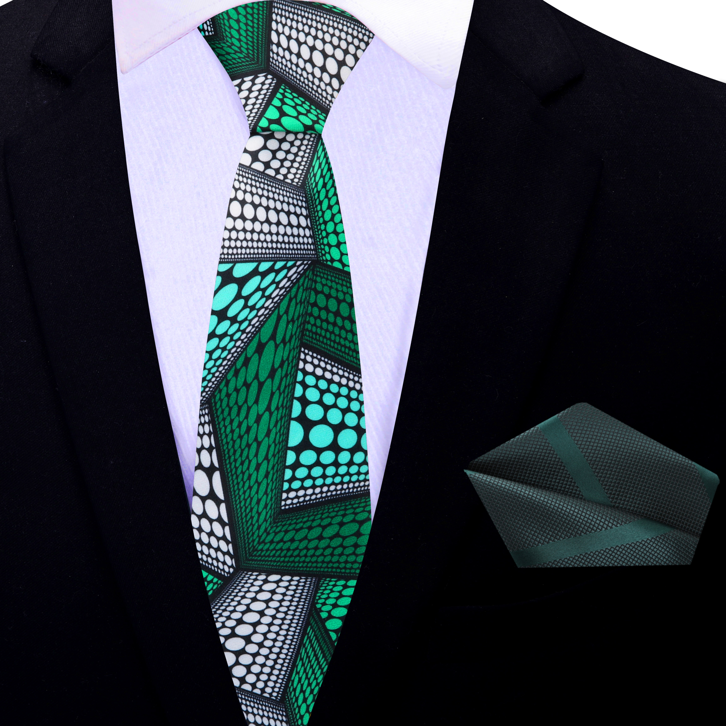 Green Kente necktie with a matching pocket square, elegantly arranged for a wedding setting.