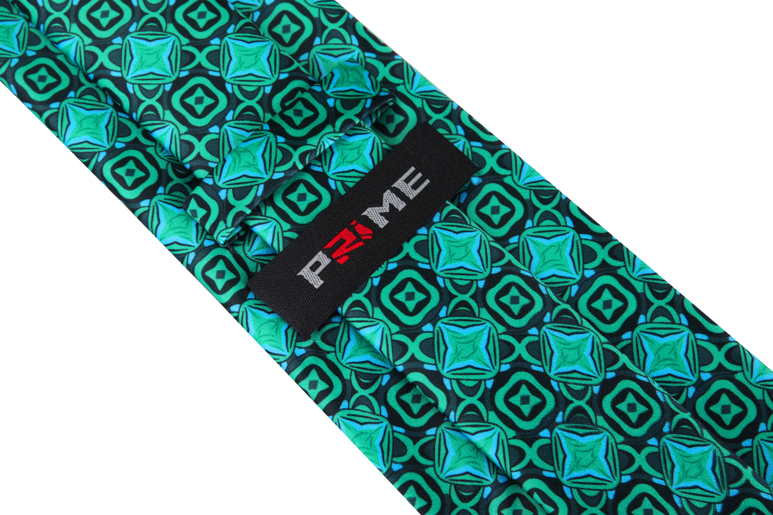 Front view of the green geometric silk necktie with vibrant pattern