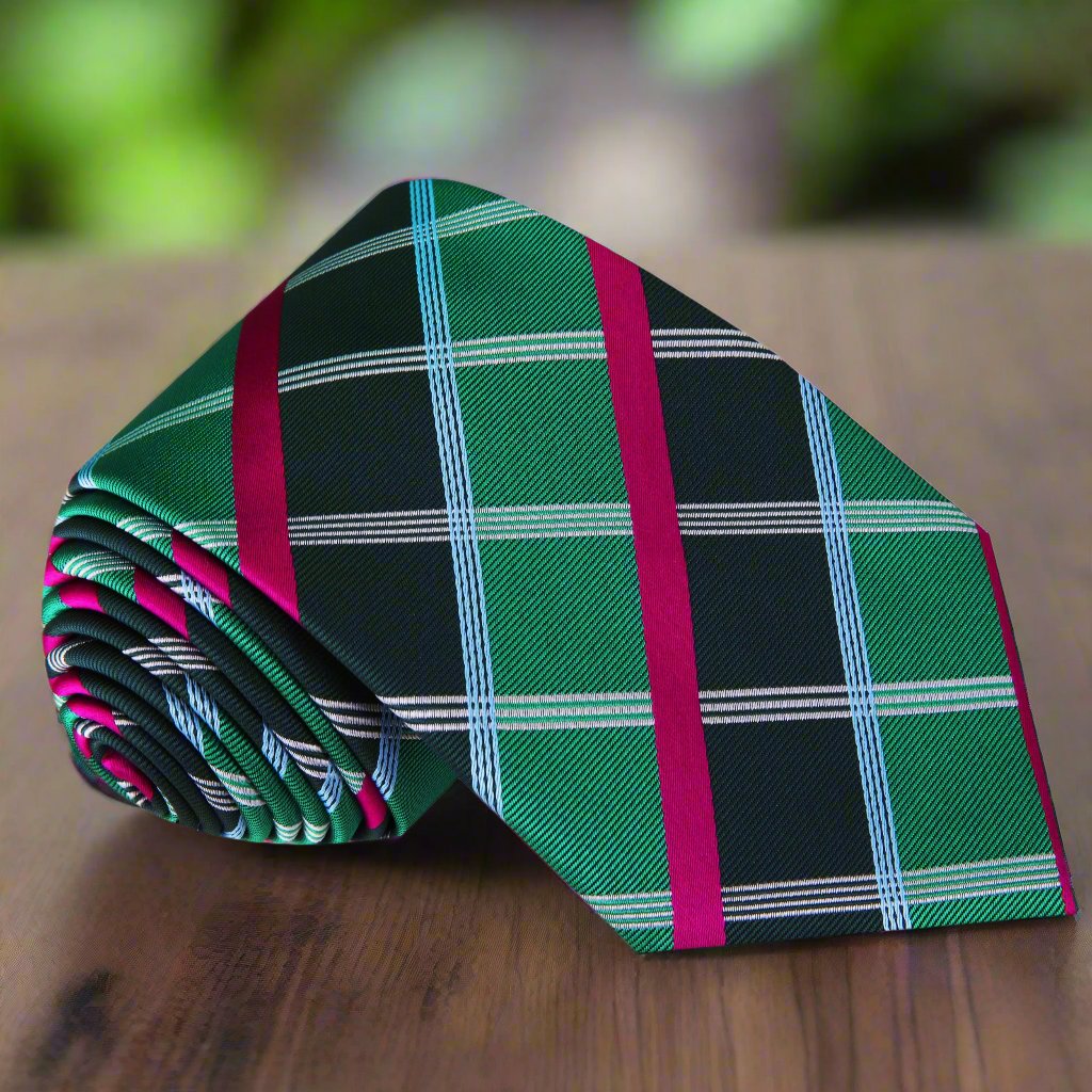 Close-up view of vibrant plaid silk necktie showcasing its design and colors