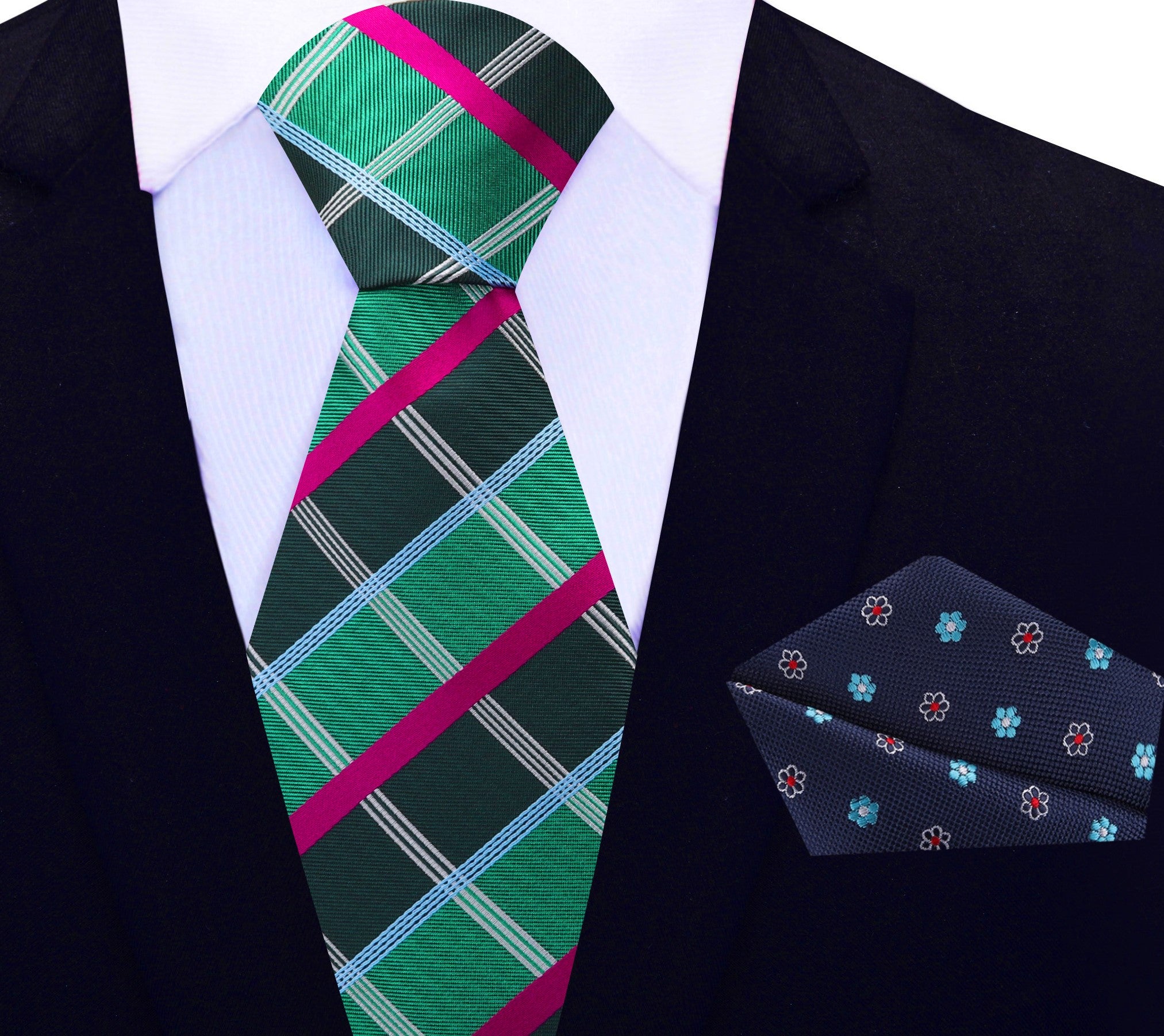 Flat lay of vibrant plaid necktie with matching pocket square
