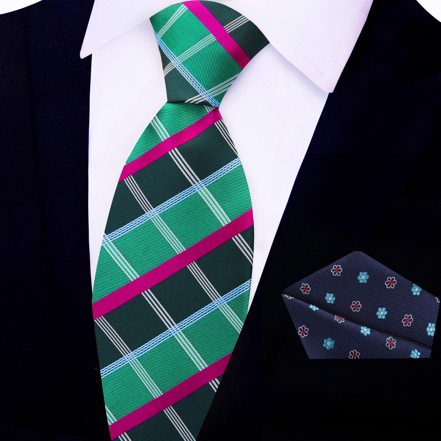 Close-up view of vibrant plaid silk necktie showcasing its design and colors