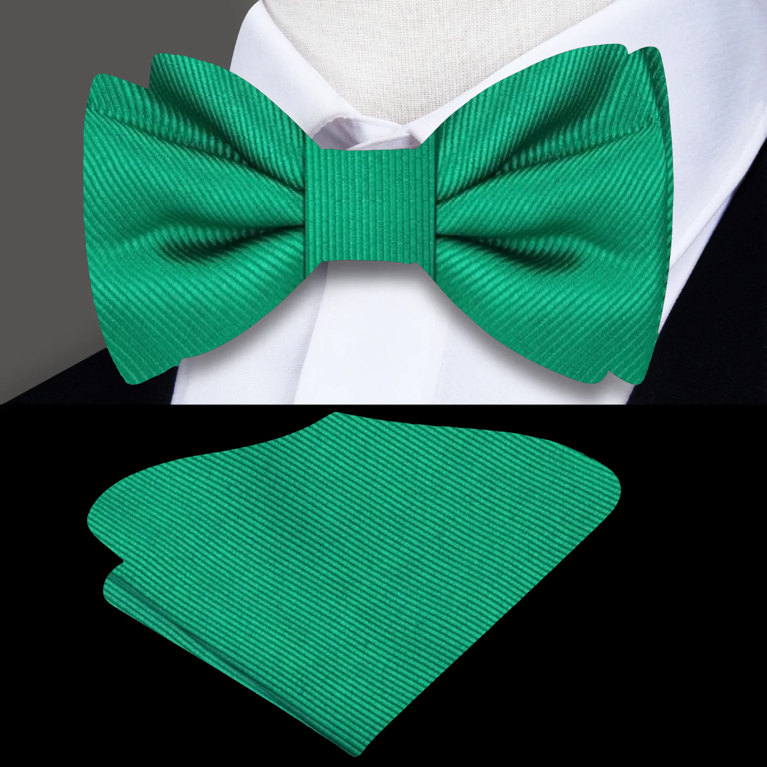 Kids solid green bow tie with pocket square, perfect for formal events.
