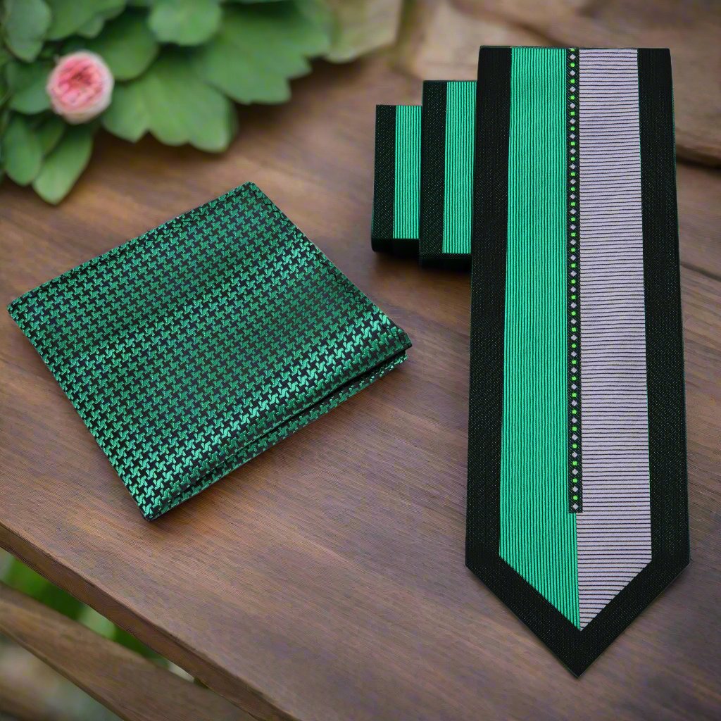 Mens silk tie styled with suit and pocket square for formal events