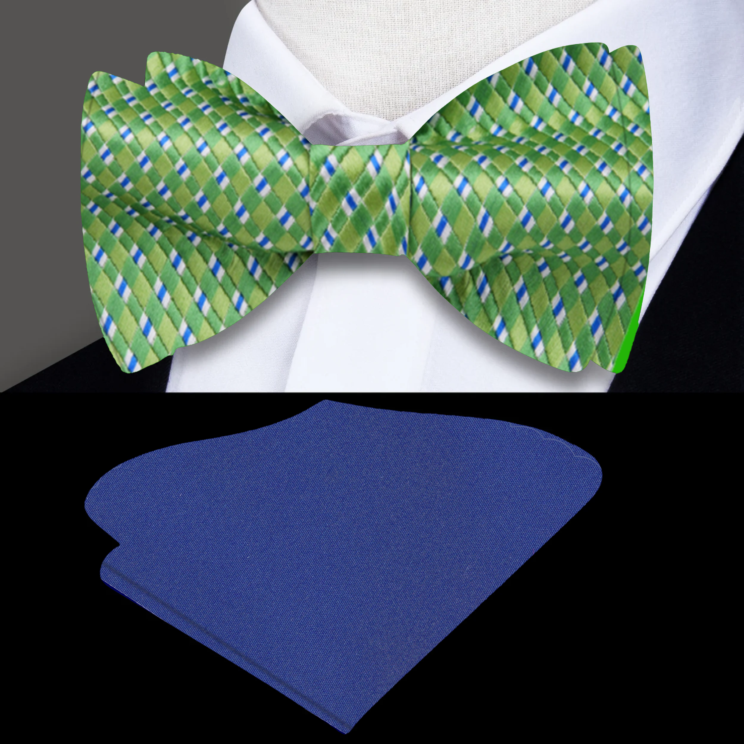 Elegant Green and Blue Check Bow Tie against a white shirt, showcasing its vibrant colors.