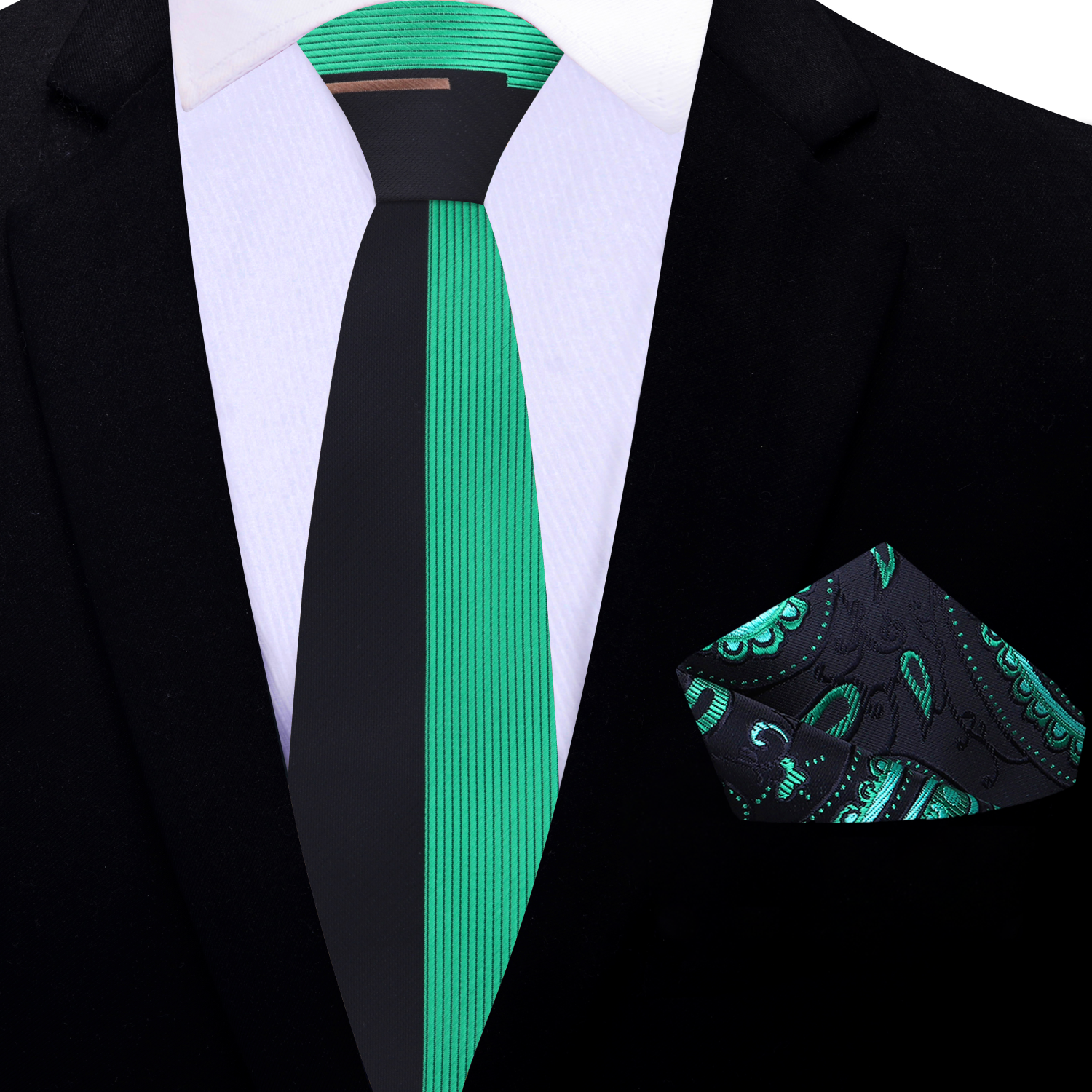 Silk necktie with matching pocket square in green and black for formal wear