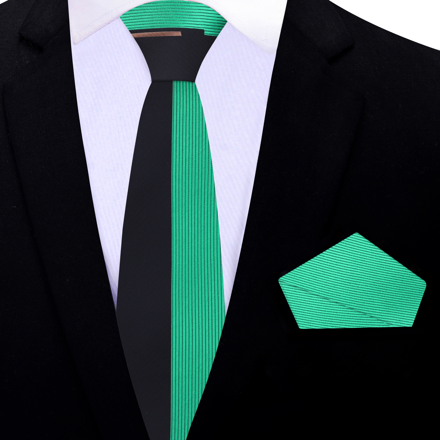 Silk necktie with matching pocket square in green and black for formal wear