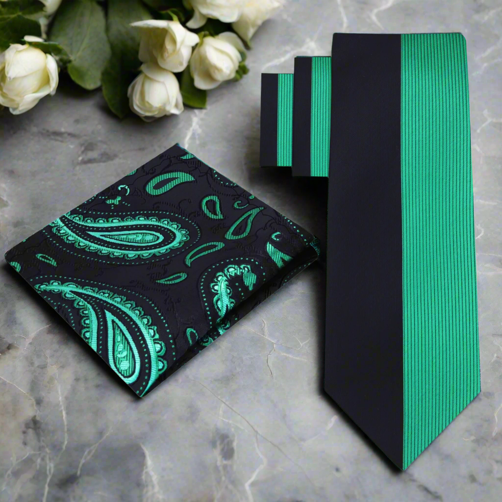 Close-up of black green silk necktie showcasing the two-tone stripe design