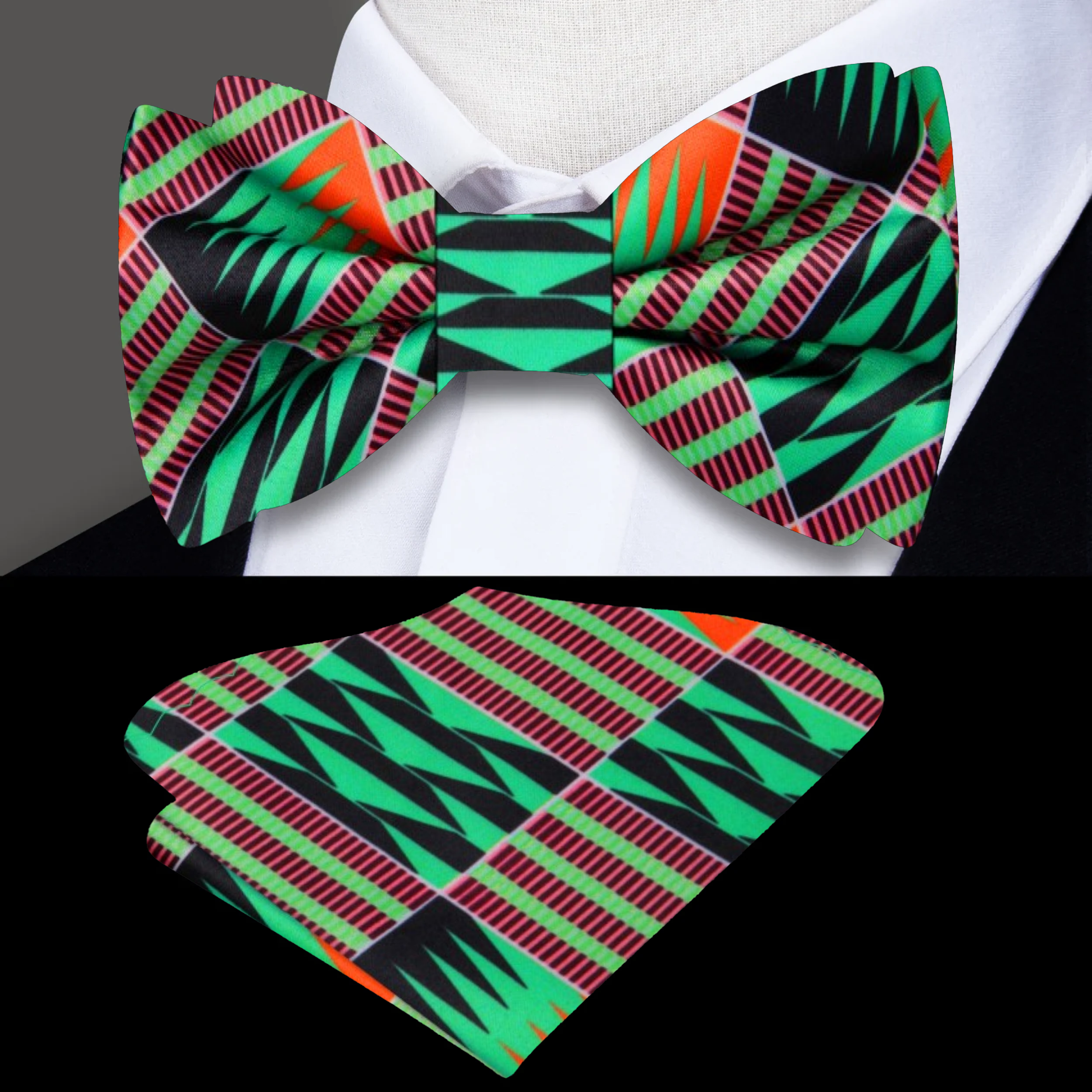 Close-up of the colorful Kente pattern silk bow tie on a mannequin