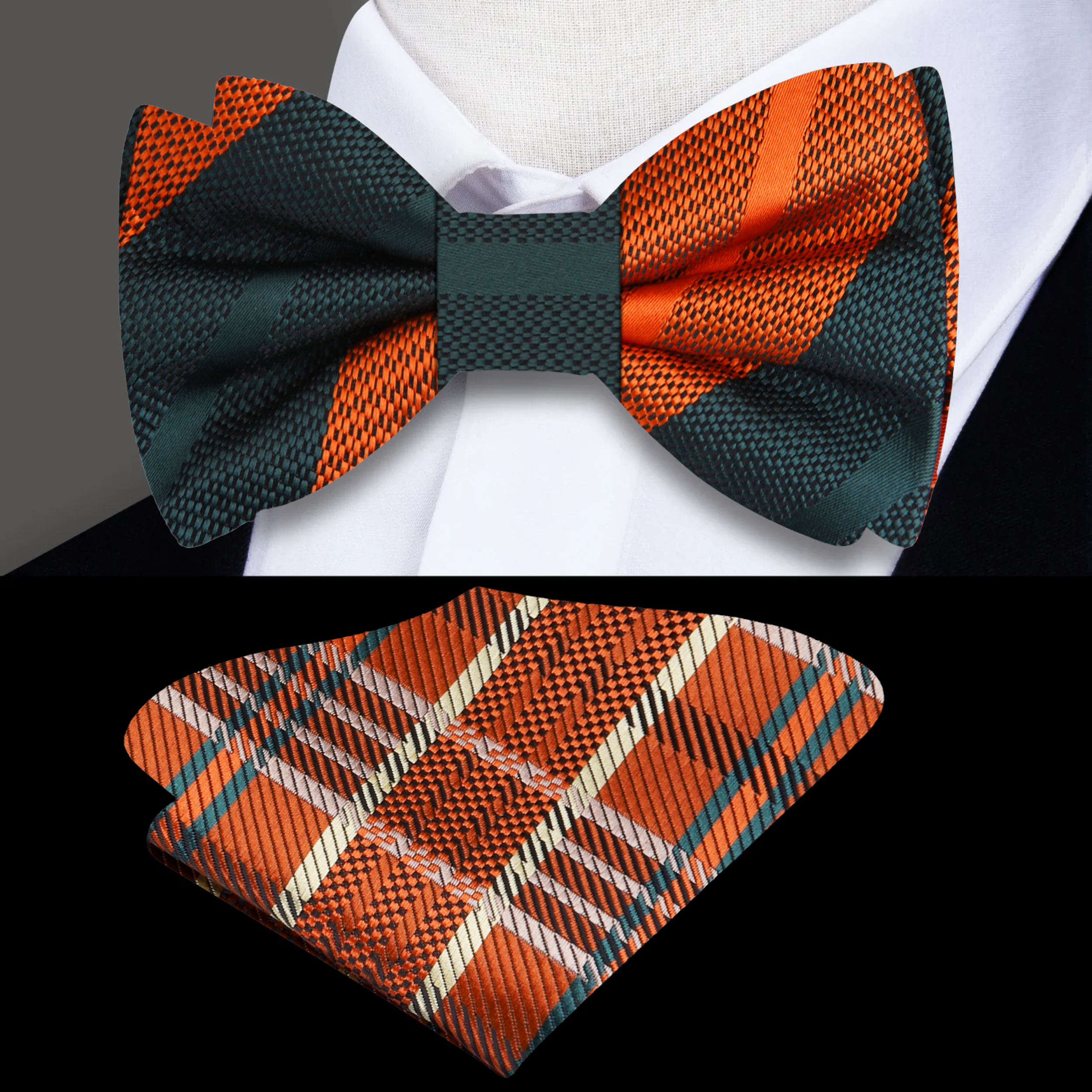 Fashionable mens striped silk bow tie paired with navy suit for formal events