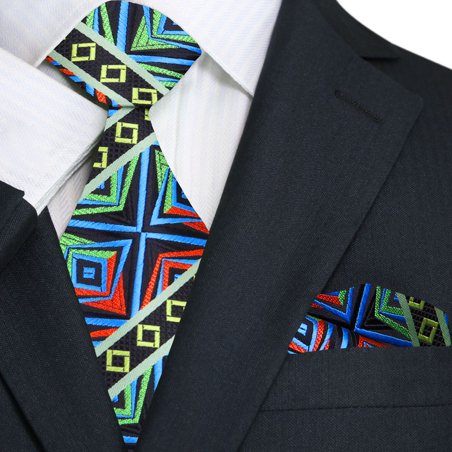 Artistic Prism Silk Necktie paired with a navy blue suit, demonstrating its versatility for formal events.