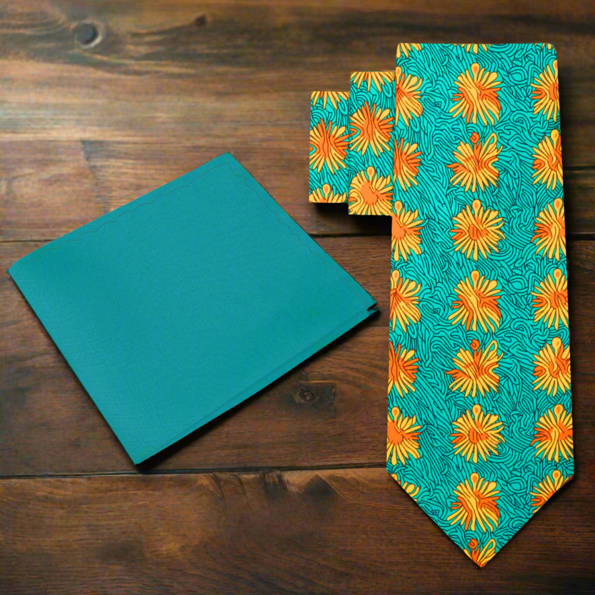 Floral Burst Silk Necktie showcasing orange flowers against a green background, perfect for weddings.