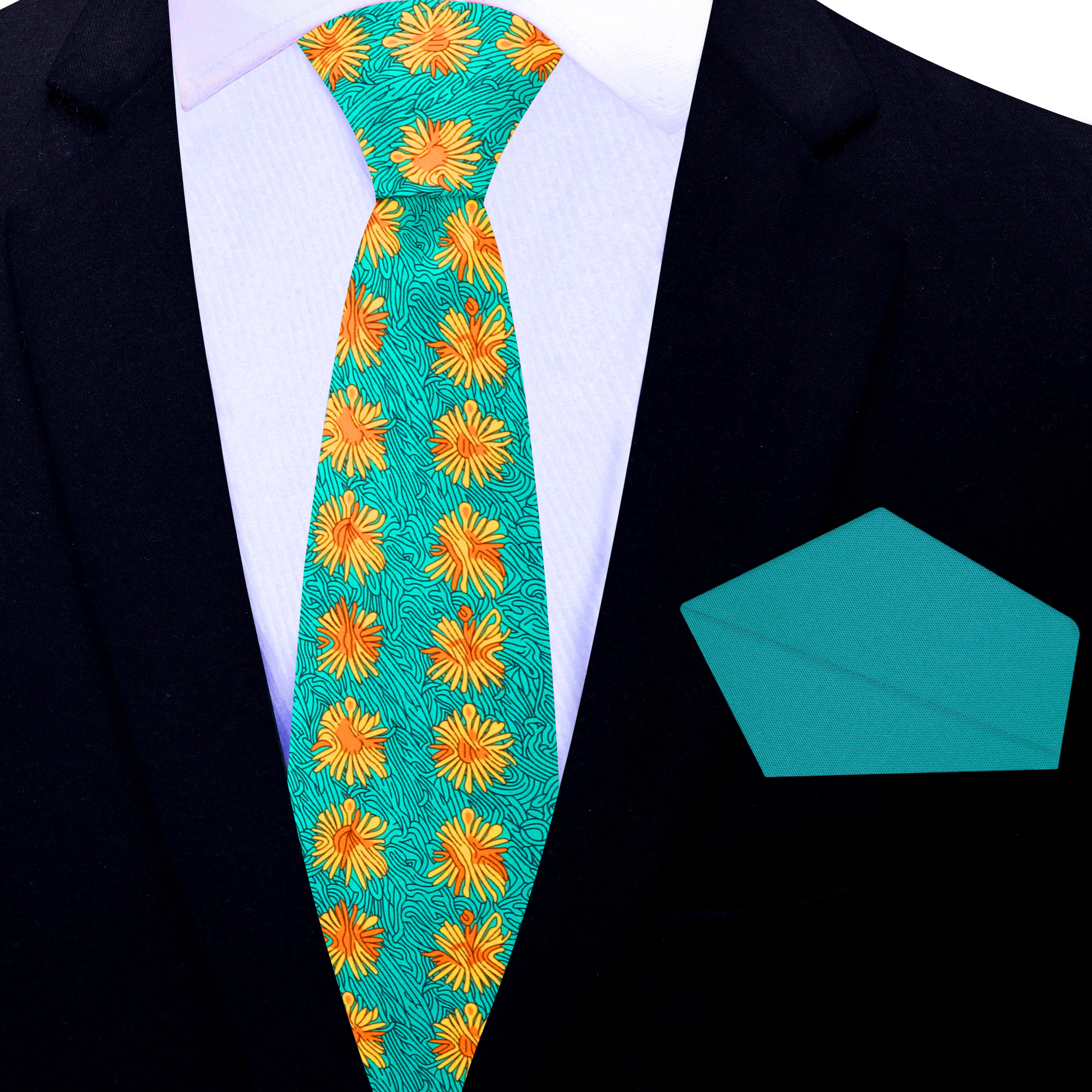 Model wearing the floral tie at an outdoor celebration, demonstrating its stylish appeal.