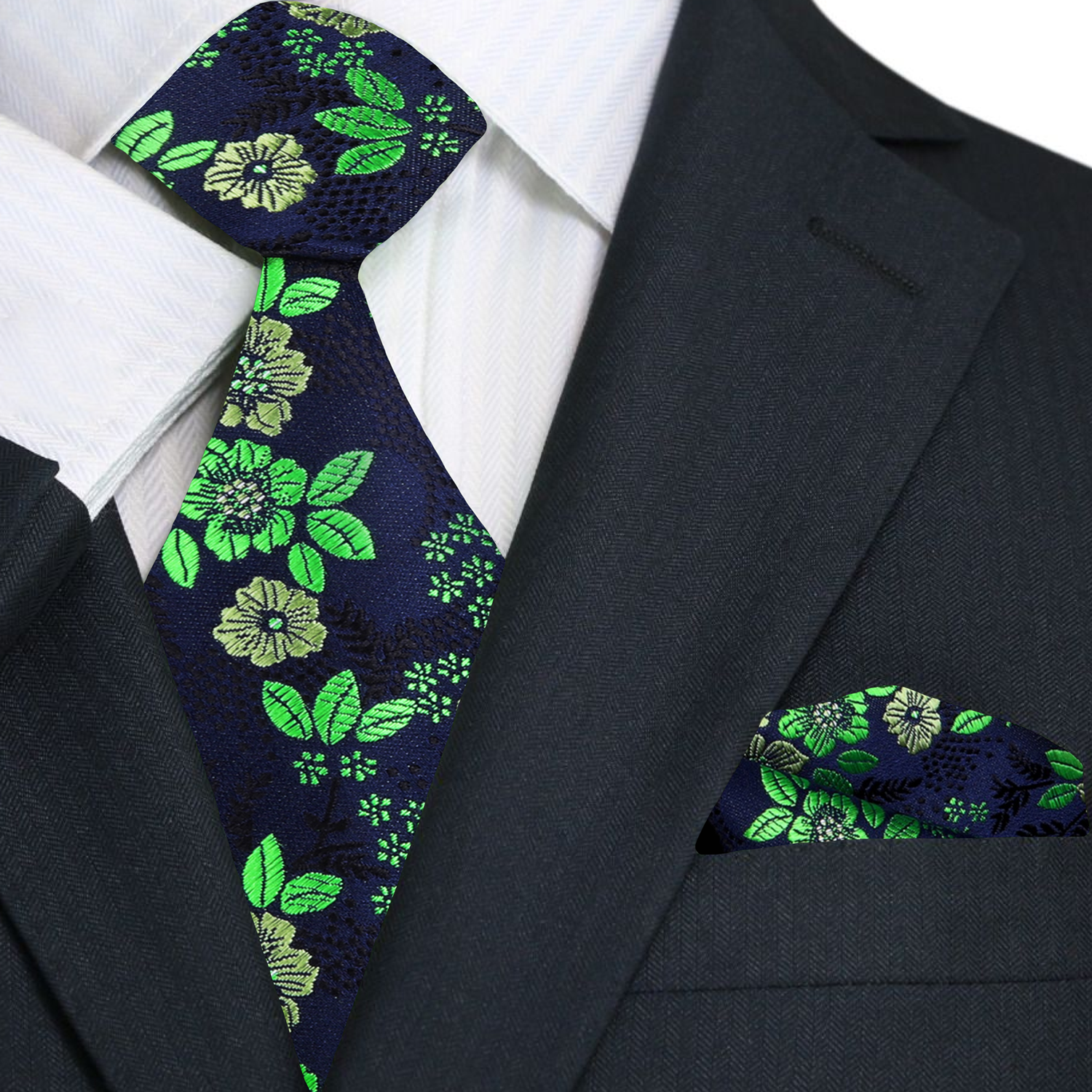 Elegant floral necktie in dark blue with small flower pattern, suitable for weddings