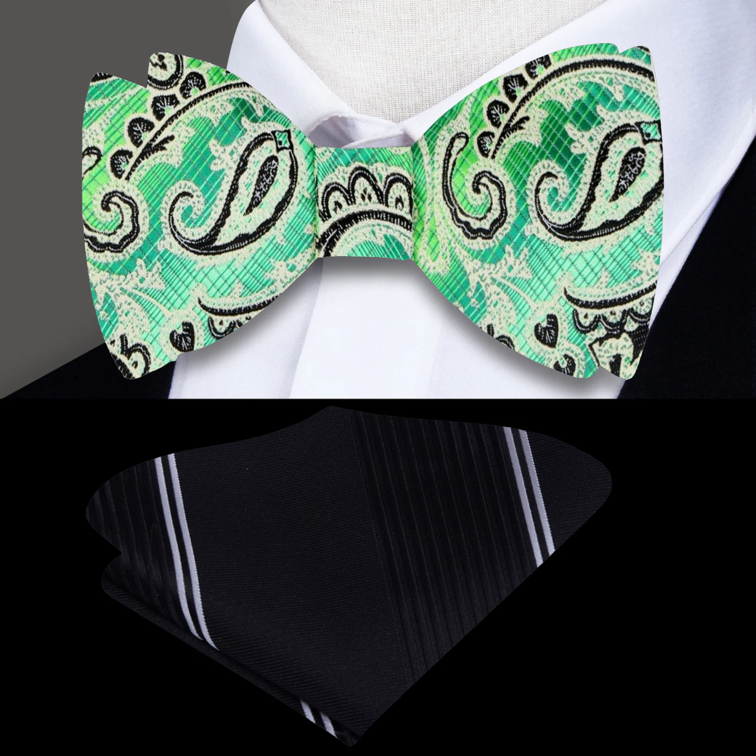 Close-up of green paisley self-tie bow tie showing intricate silk pattern