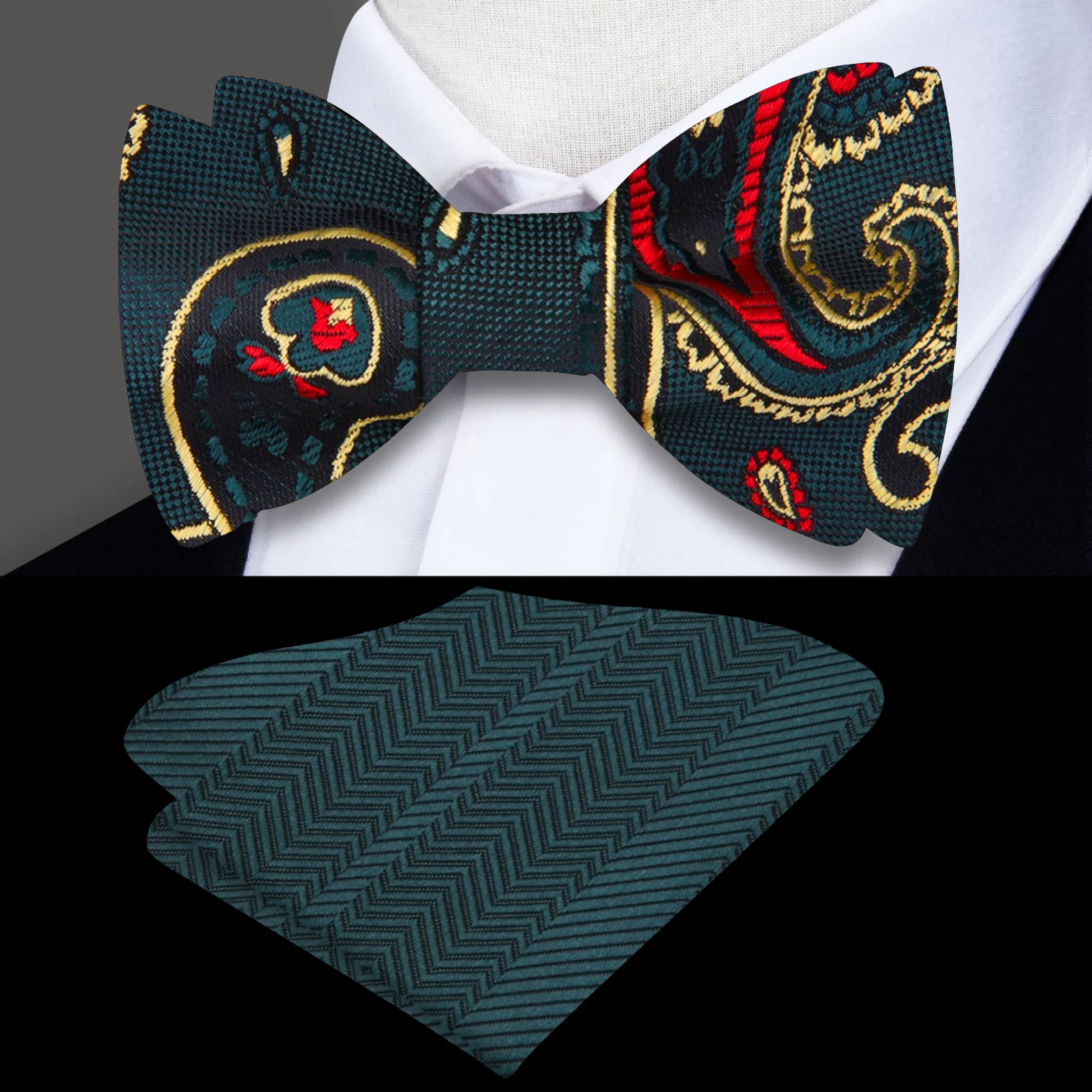 Elegant Christmas self-tie bow tie showcasing a dark green color with red and gold paisley accents.