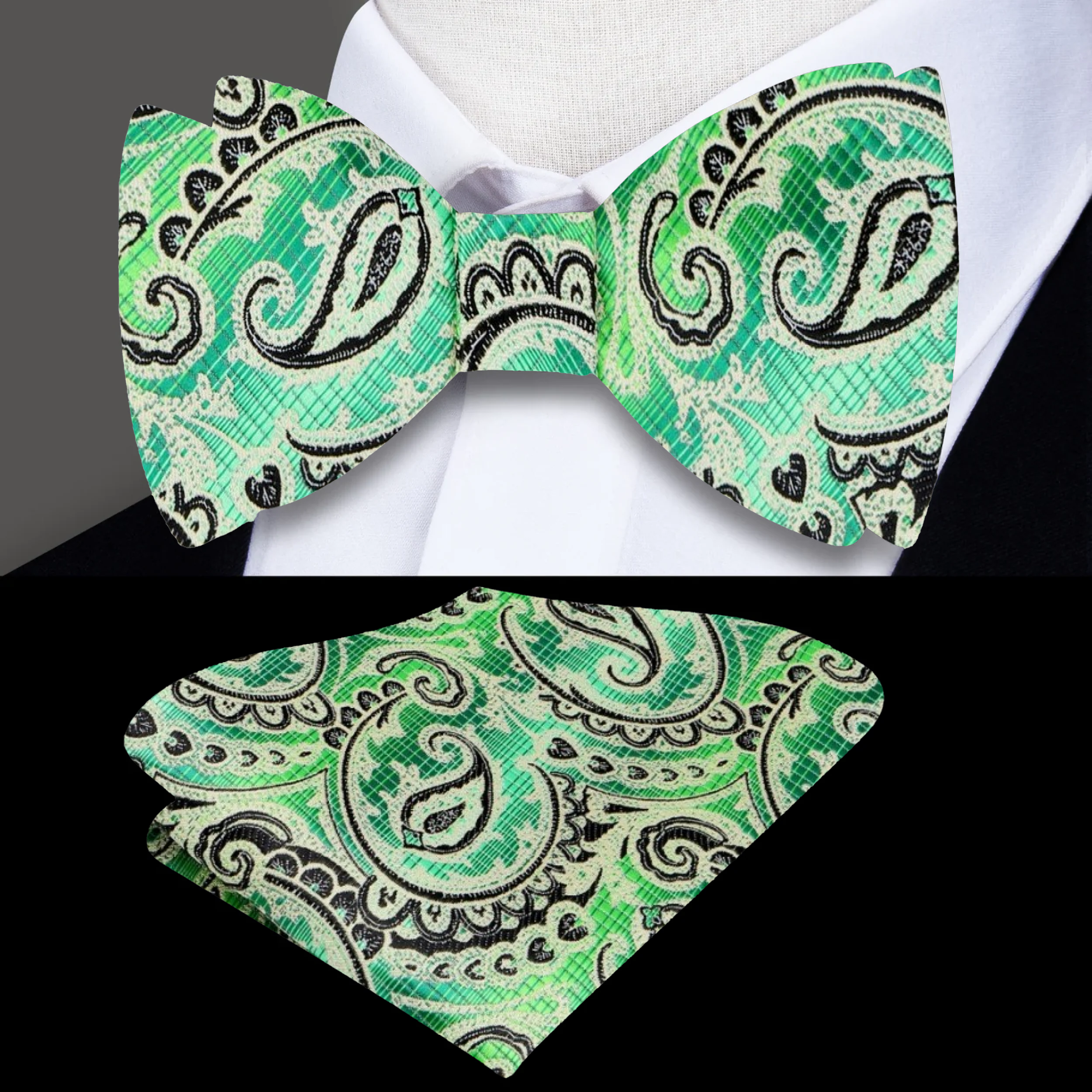 Full view of bow tie and pocket square set styled for a wedding outfit