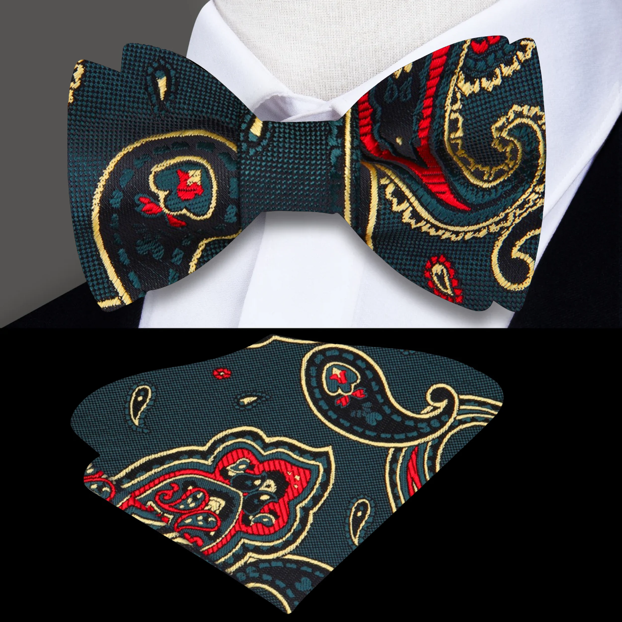 Close-up view of the Christmas bow ties intricate paisley pattern, perfect for holiday parties.