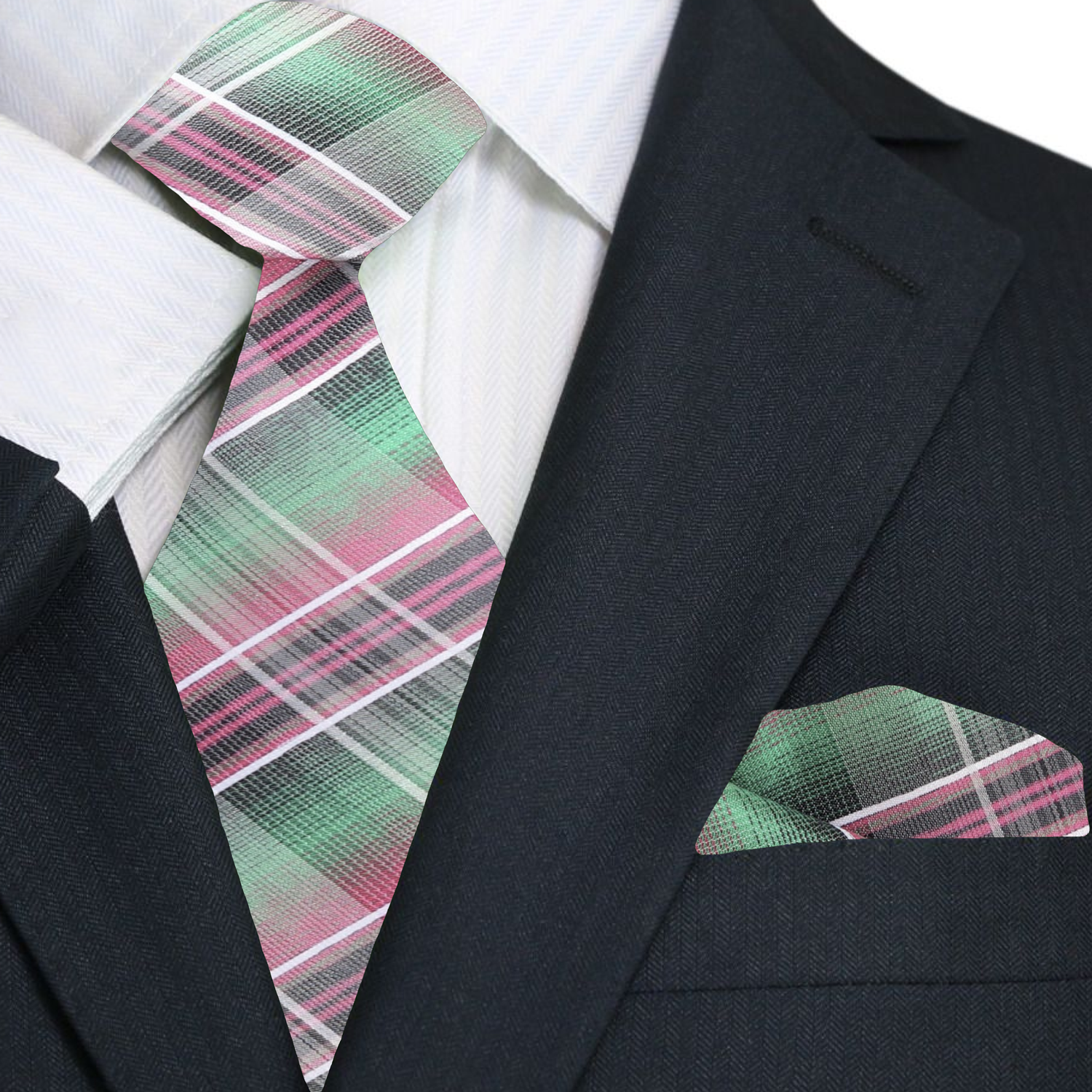 Charming plaid silk necktie displayed on a white dress shirt, showcasing its vibrant colors and elegant design.