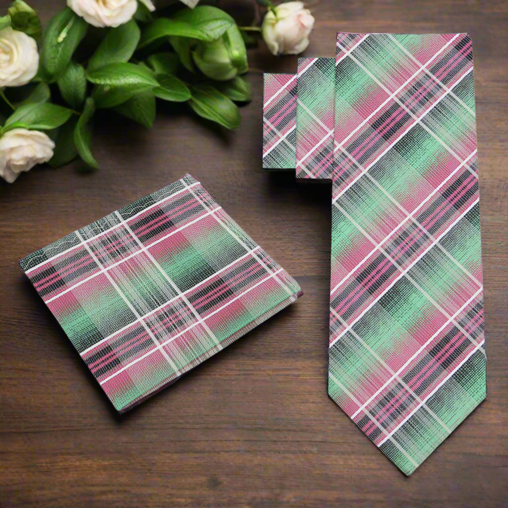 Close-up of the plaid silk ties texture, highlighting the intricate pattern of green, pink, and white.