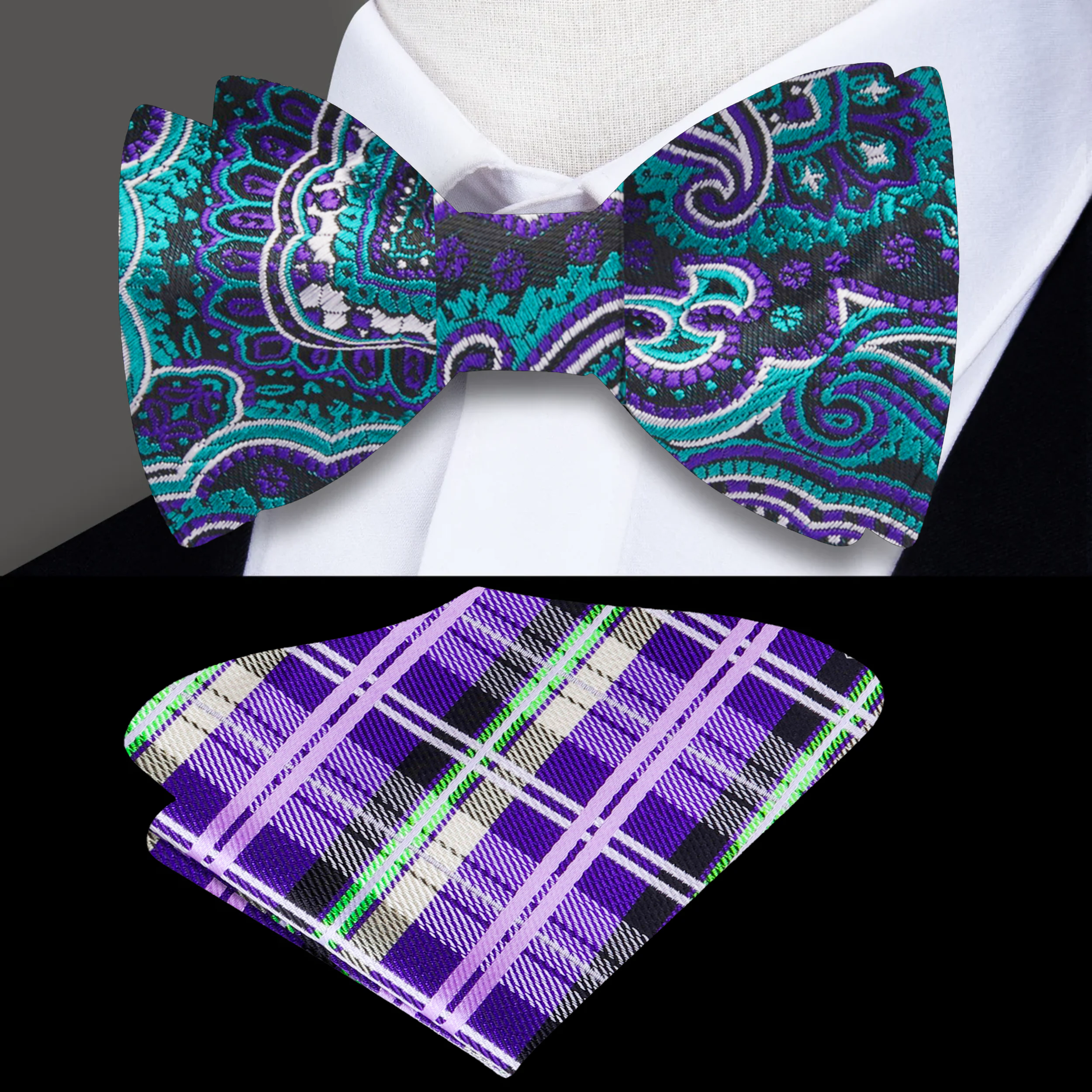 Model wearing the vibrant paisley self-tie bow tie paired with a white dress shirt at a formal event, showcasing its stylish versatility.