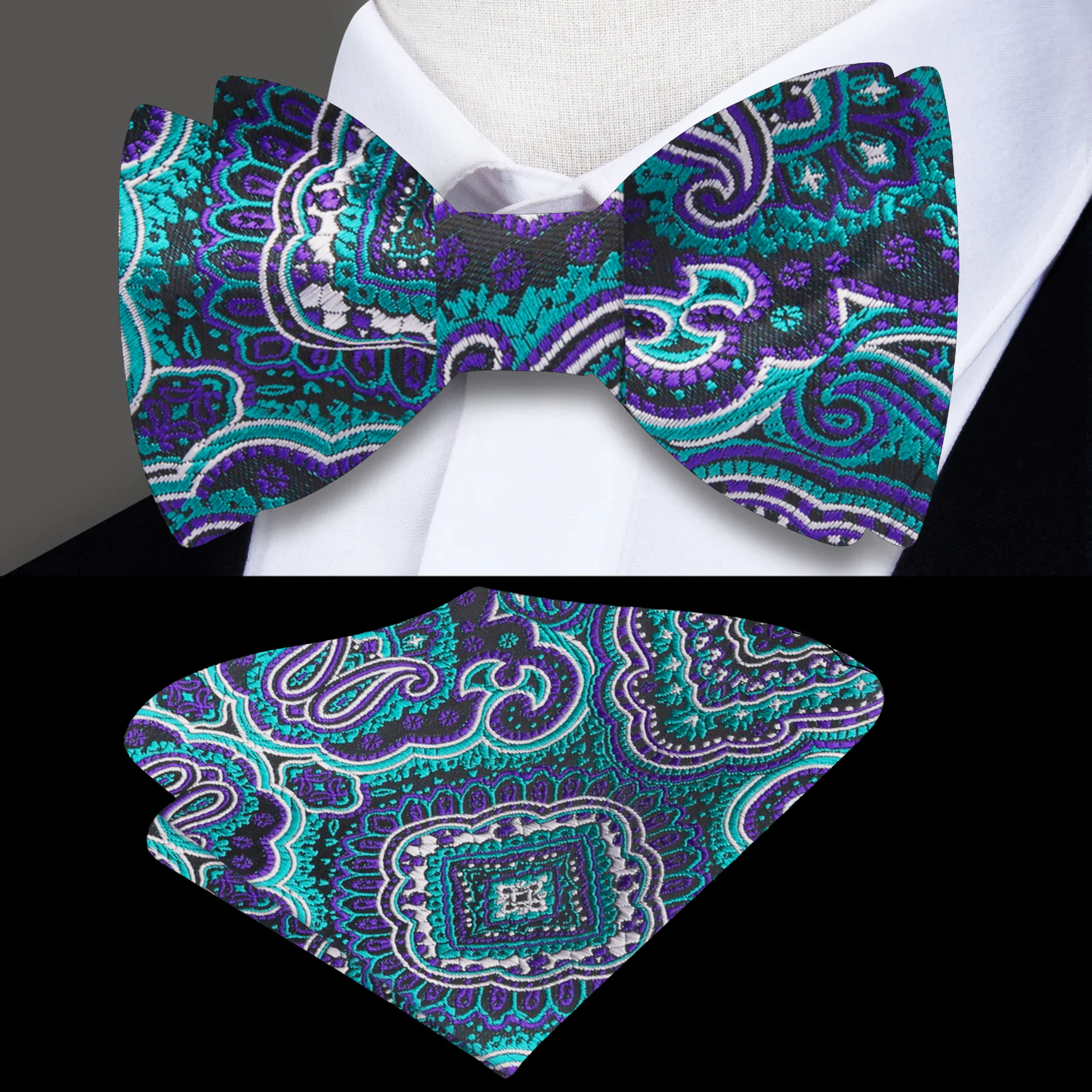 Detailed shot of the adjustable self-tie mechanism, demonstrating the bow ties comfort and tailored fit.