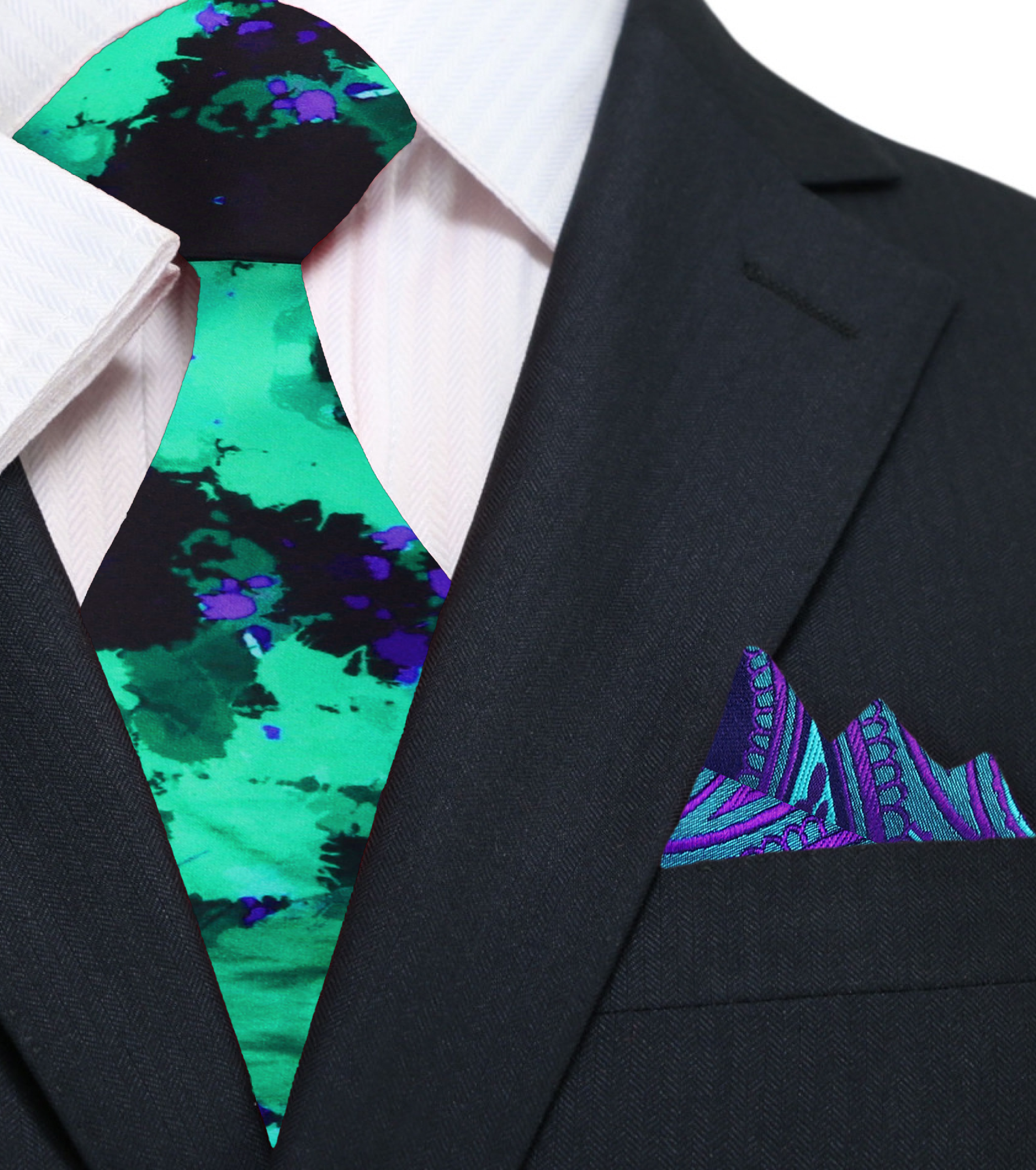 Model wearing the stylish ink blot pattern necktie with a white dress shirt.