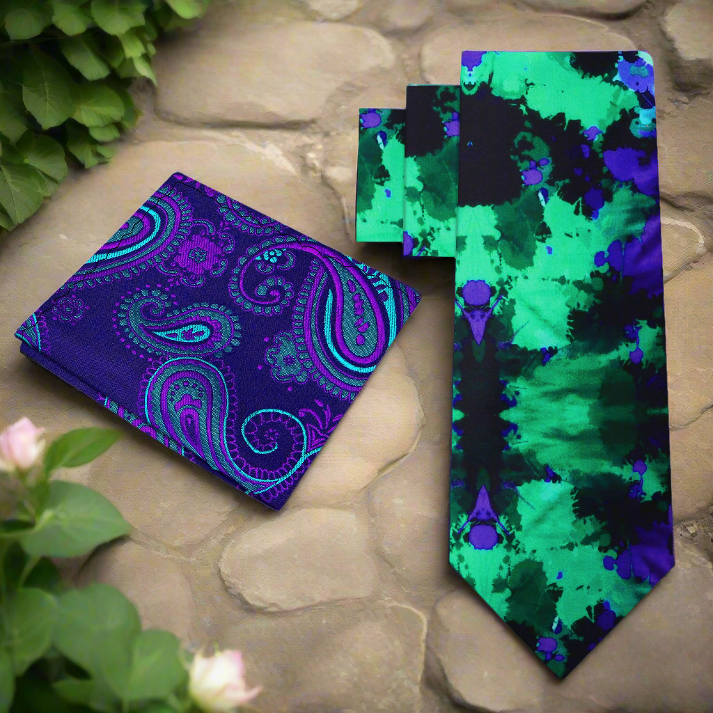 Close-up of stylish ink blot silk necktie showcasing vibrant patterns.