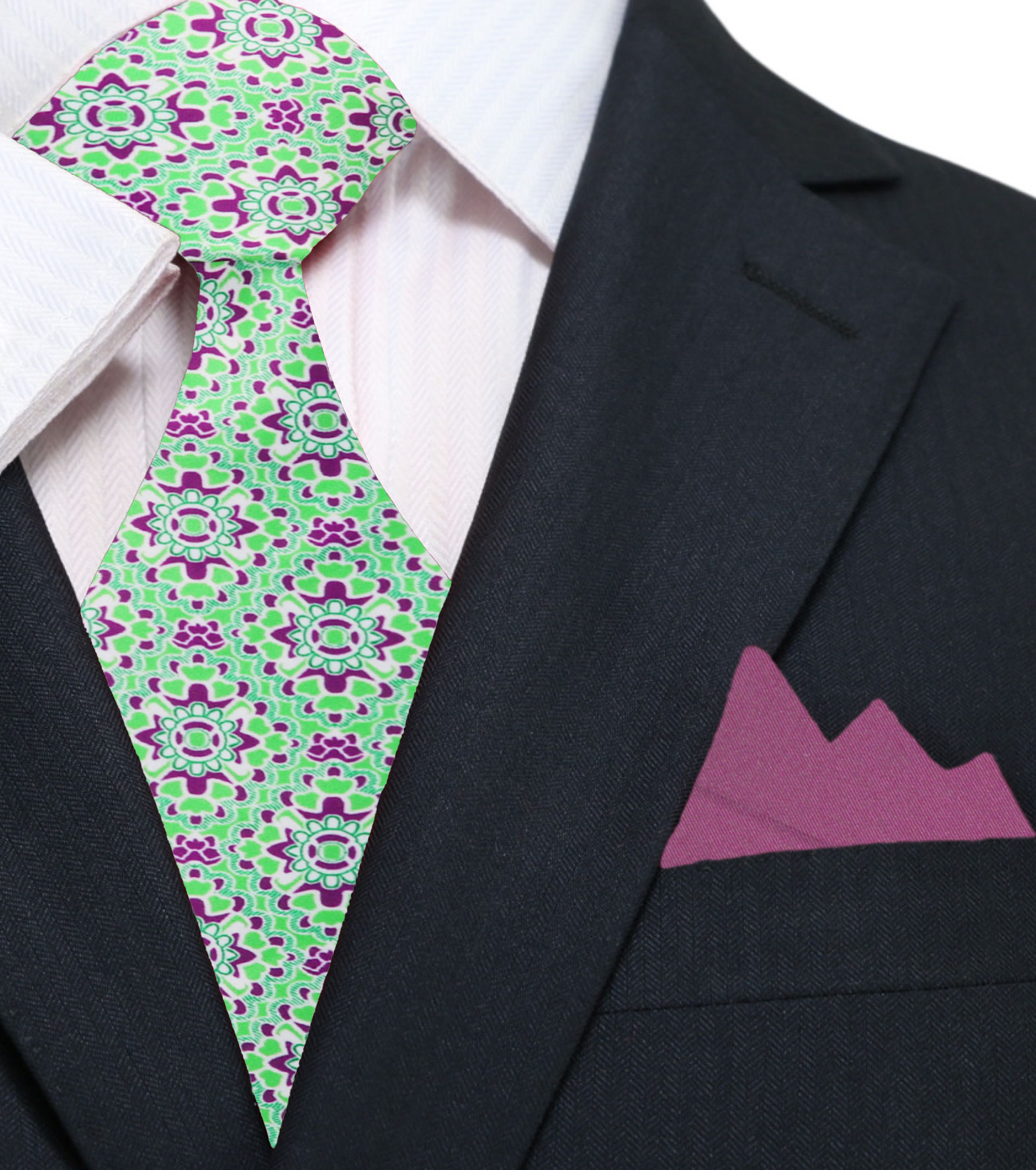 Elegant green mosaic silk necktie displayed on a wooden table, showcasing its vibrant abstract patterns.