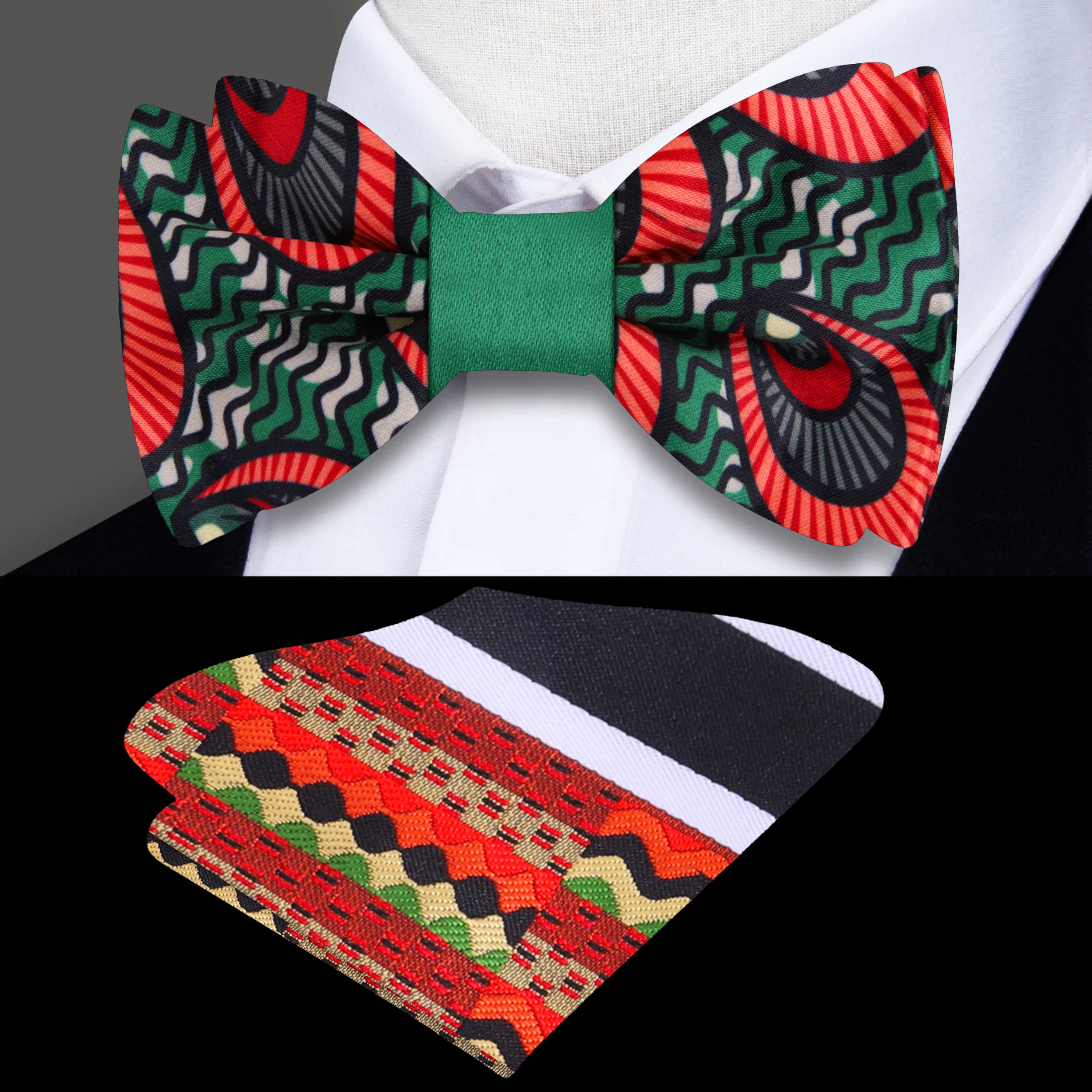 Close-up of vibrant kente bow tie showcasing green, red, and black geometric patterns.