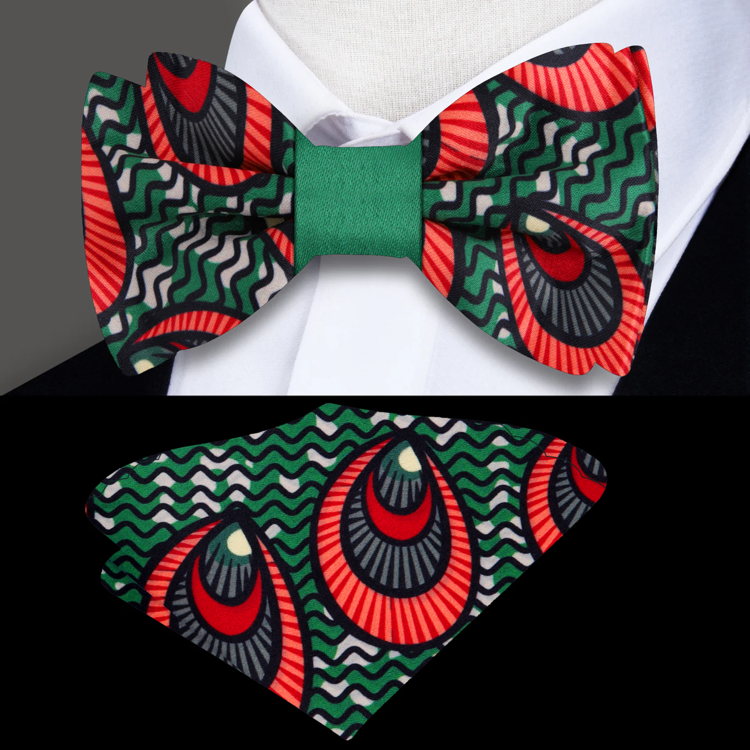 Kente bow tie paired with a black suit, highlighting cultural elegance at a formal event.